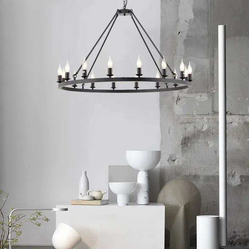 16-Light Round Wagon Wheel Chandelier - Black/Gold/Silver Finish - Rustic Farmhouse Lighting for Dining Room, Kitchen Island & Entryway