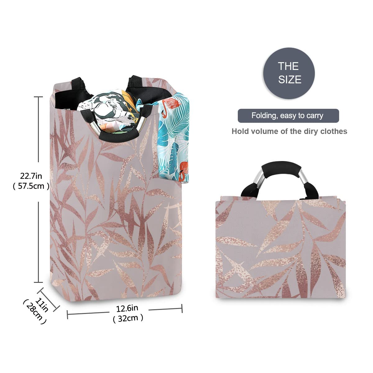 Rose Gold Leaves Foldable Laundry Bag with Handles - Collapsible Laundry Hamper Basket for Bathroom & Laundry Room Organization, Storage & Decor - Perfect for Dorm, Travel & Home Use