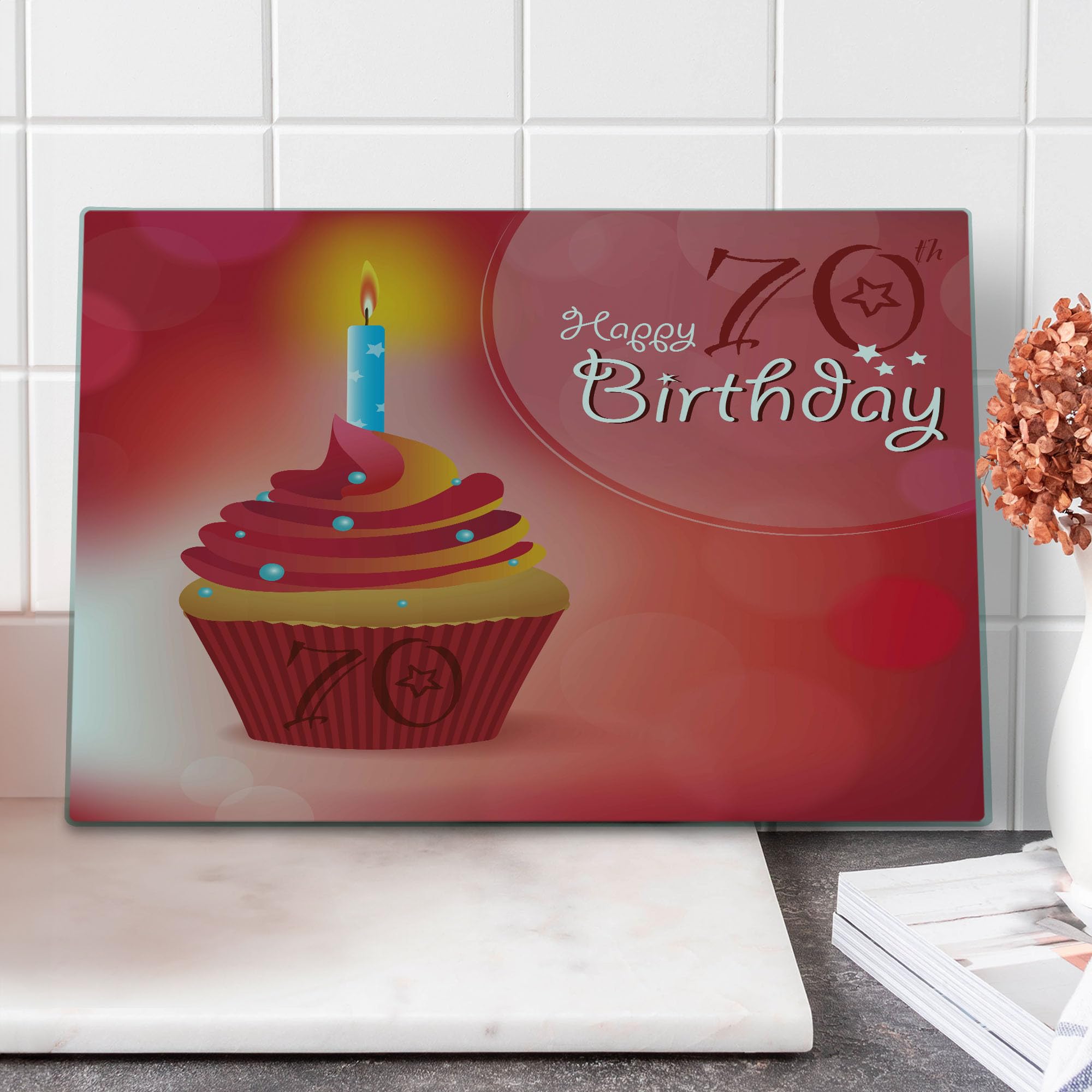 Ambesonne 70th Birthday Cutting Board - Abstract Sun Beams Design with Party Cupcake - Tempered Glass Serving Tray for Cheese, Charcuterie & Appetizers - Large Decorative Board in Red & Orange - Perfect for Birthday Parties & Kitchen Decor