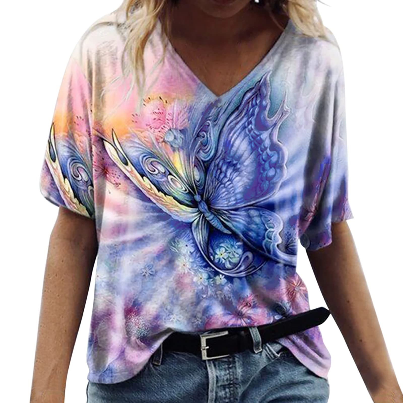 Women's Summer Butterfly Printed V-Neck Short Sleeve T-Shirt - Breathable Casual Tee for Everyday Wear & Outdoor Activities