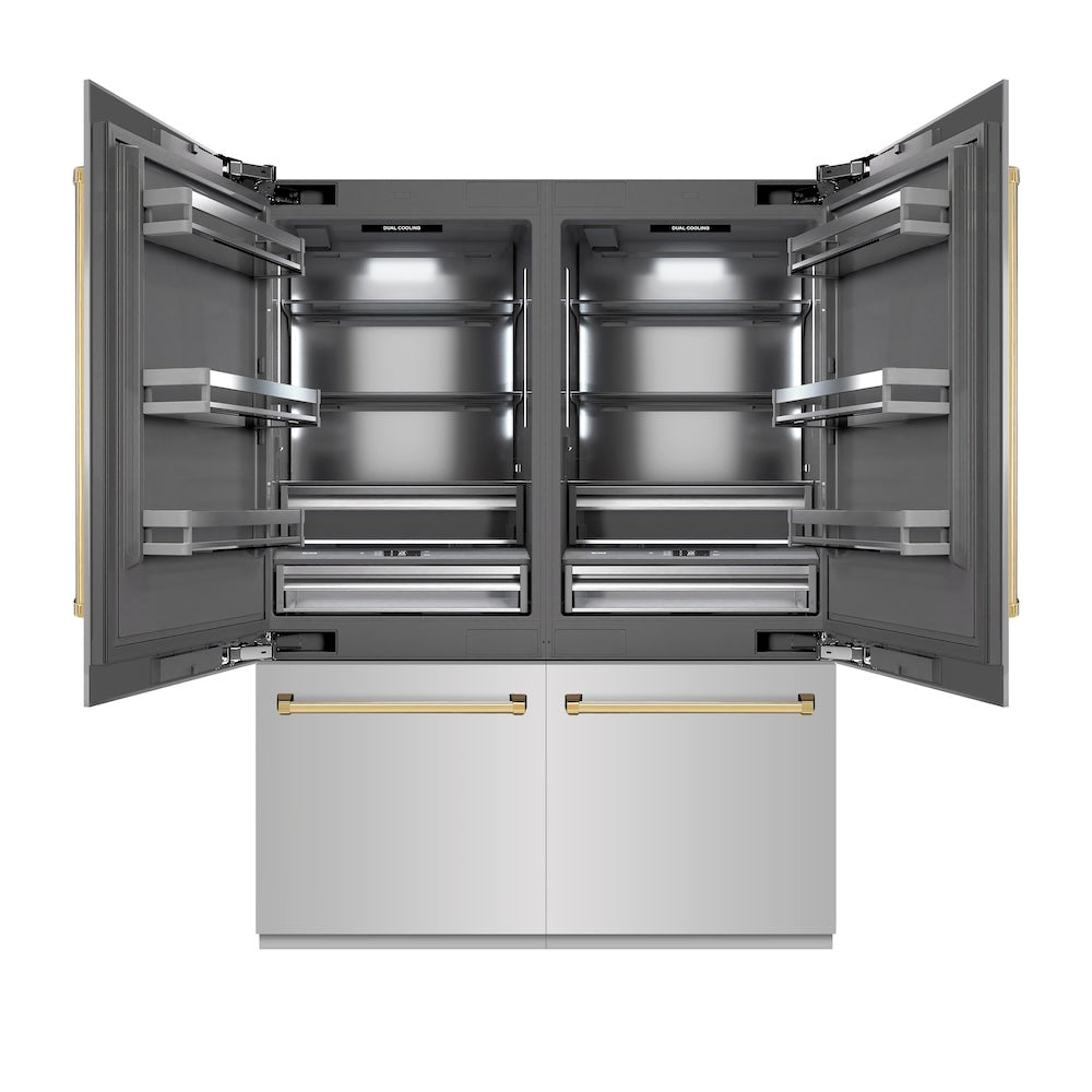 ZLINE Autograph Edition 60-Inch French Door Built-In Refrigerator - 32.2 cu.ft Capacity, Bottom Freezer, Water Dispenser & Ice Maker - Stainless Steel with Graphite Gray Interior & Polished Gold Accents (GRBIVZ 304 60G) - Perfect for Modern Kitchens & Luxury Homes