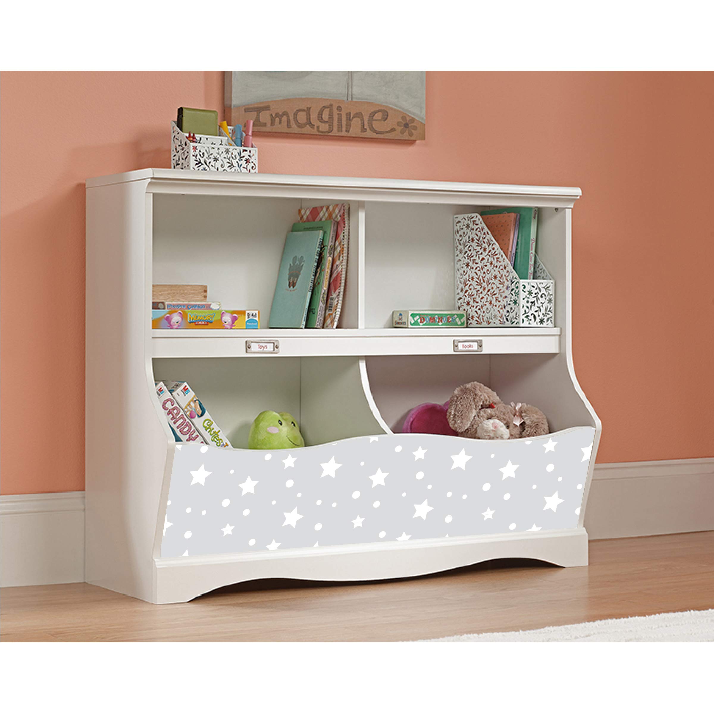 LifeSong Milestones Bookcase Footboard with Cubbyhole - Kids Book Storage Organizer, Toy Shelf for Playroom, Nursery & Bedroom - Soft White Finish with Stars (Grey) | Perfect for Organizing Toys, Books & Decor in Children's Rooms