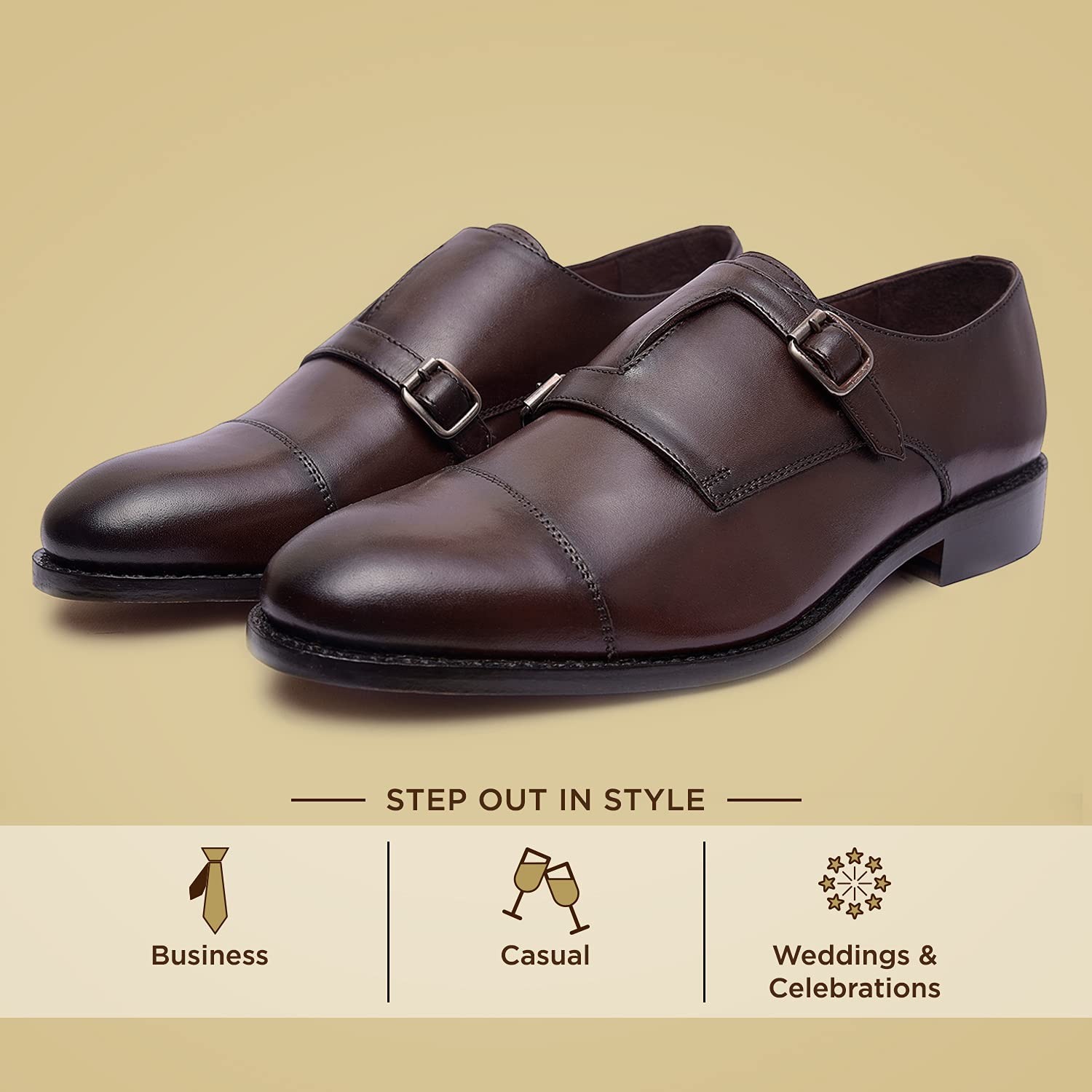 Genuine Leather Monk Strap Dress Shoes for Men - Handcrafted Goodyear Welted Formal Shoes with Cap Toe & Leather Sole | Perfect for Business Meetings, Weddings & Special Occasions