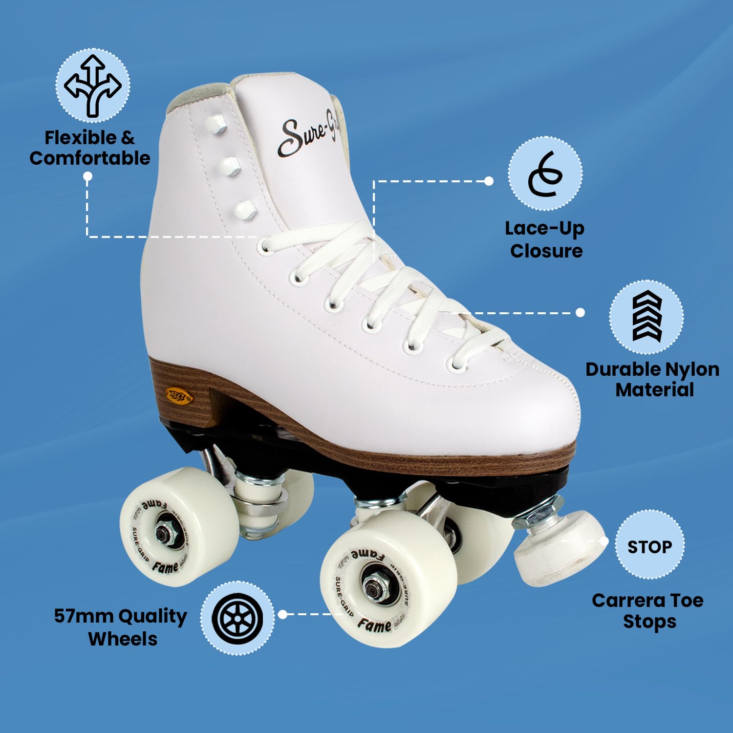 Sure-Grip White Fame Women's Roller Skates - Nylon & Aluminum Construction - 57mm Polyurethane Indoor Wheels - Super X Trucks for Extended Support - Perfect for Beginners and Indoor Skating Rinks