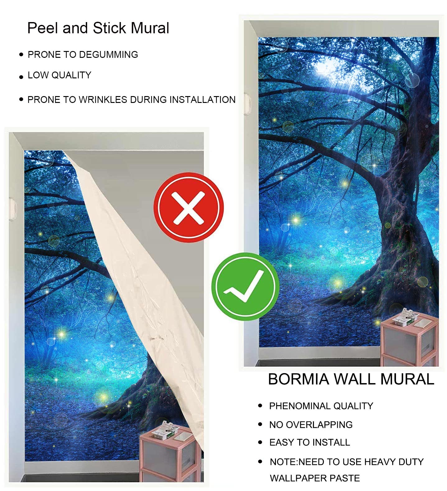 Bormia Fantasy Wall Mural - Enchanted Fairy Tree in Mystic Forest Wallpaper | Kids Room, Living Room & Bedroom Decor | Peel & Stick Photo Wallpaper for Nursery, Playroom & Home Decor