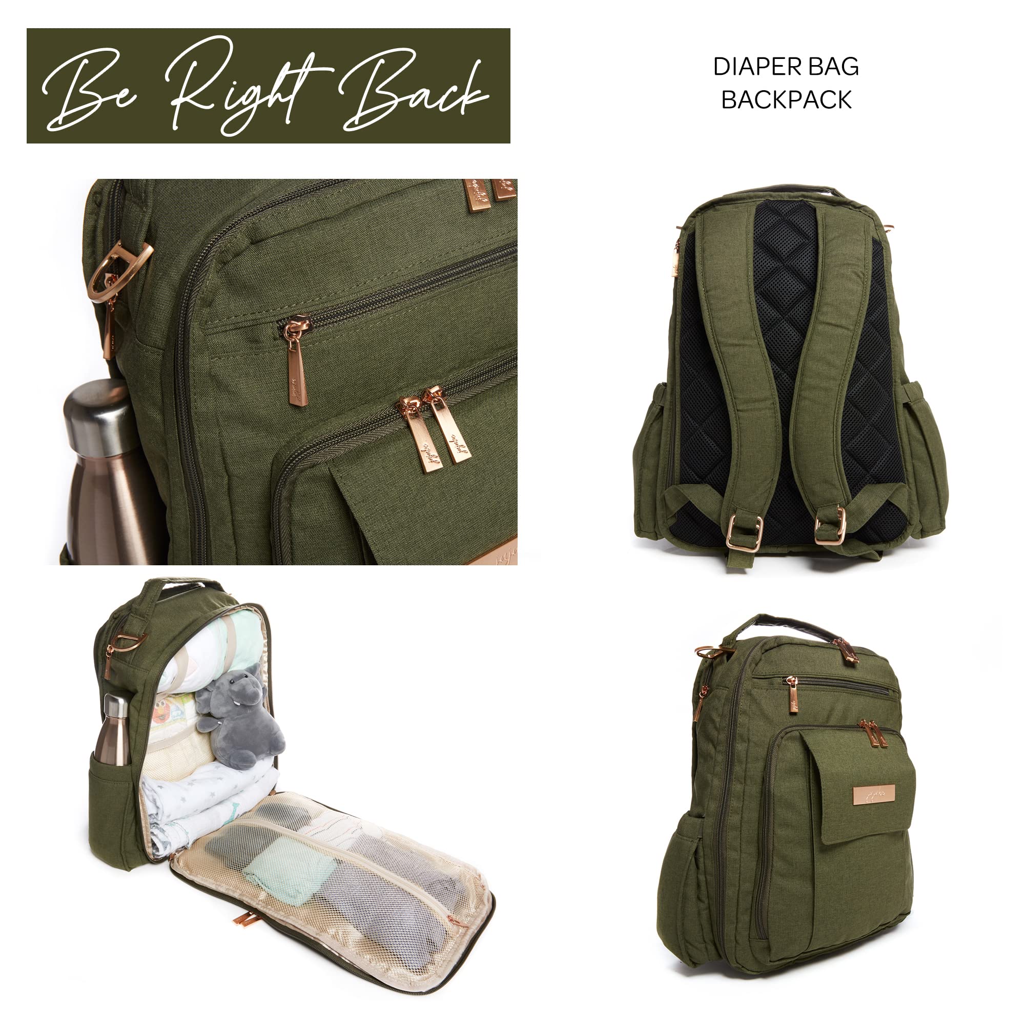 JuJuBe Diaper Backpack for Moms - Large Travel Baby Bag with Portable Changing Pad, Stroller Hooks & Multiple Pockets | Perfect for Diapers, Bottles, Wipes & Essentials | Ideal for Daycare, Travel & Daily Outings (Olive)