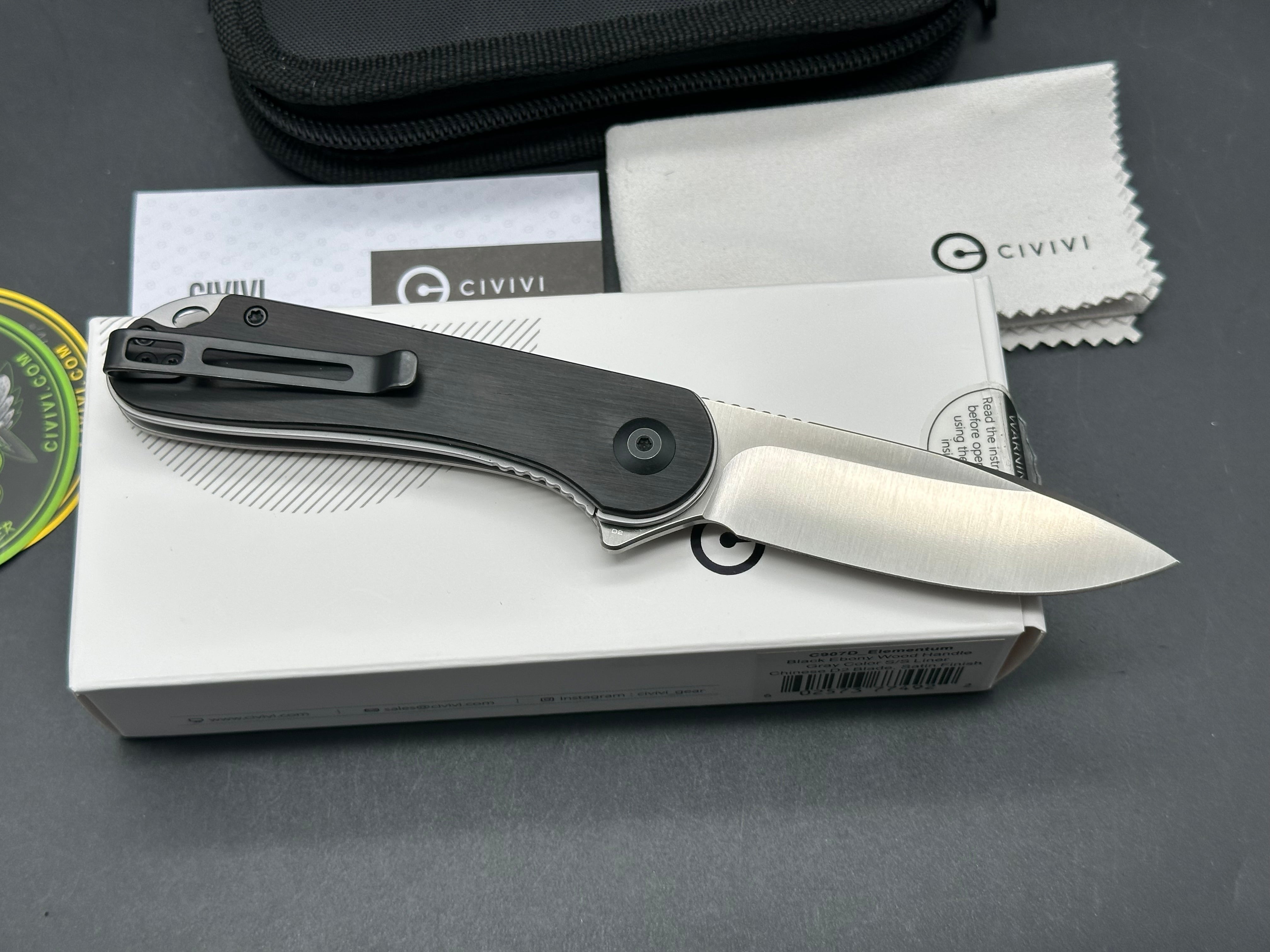 Civivi Elementum Folding Pocket Knife - Black Ebony Wood Handle, D2 Steel Blade - Perfect for EDC, Camping & Outdoor Adventures