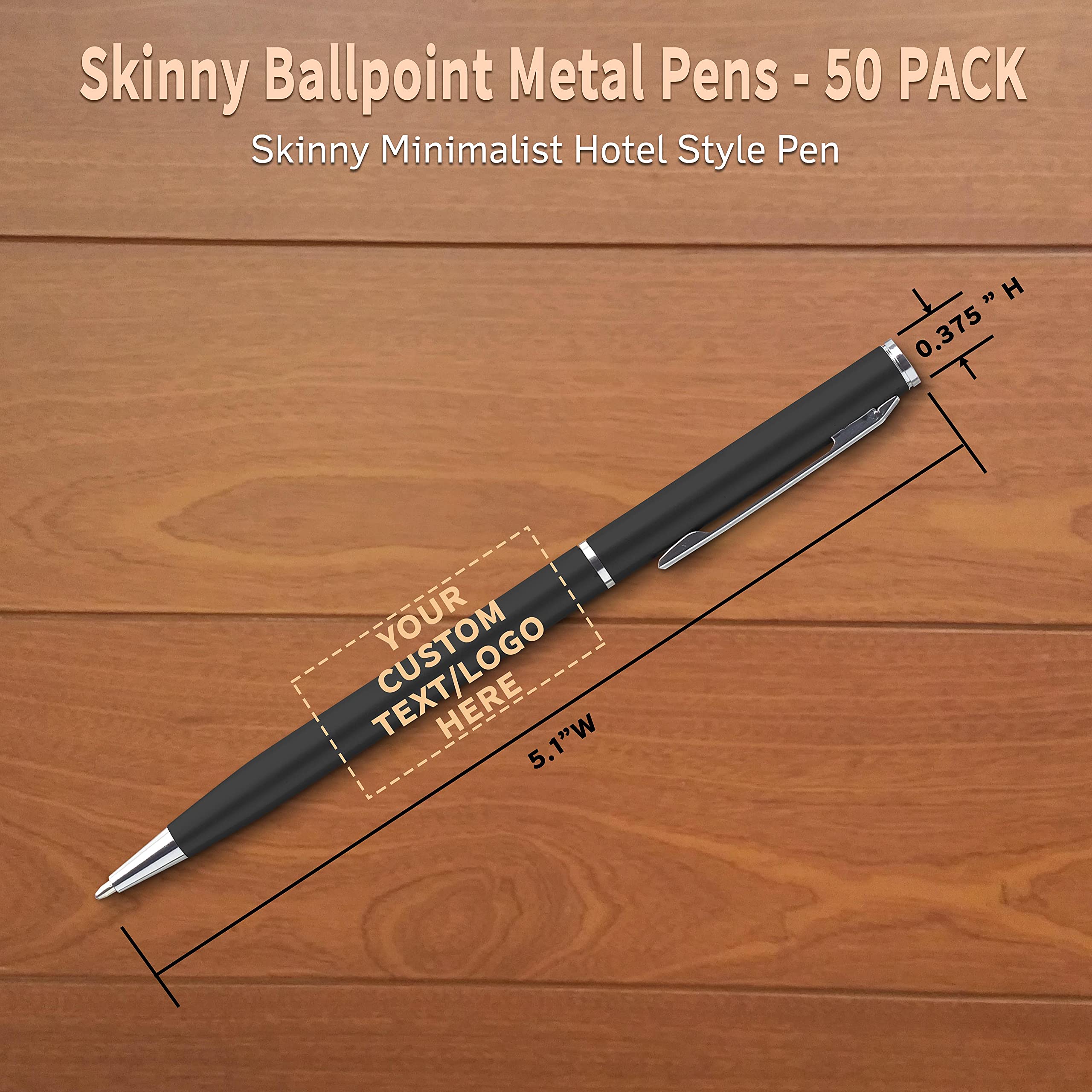 50 Pack Customizable Skinny Ballpoint Metal Pens with Black Ink - Engrave Your Logo/Text - Sleek Twist-Off Design for Office, School & Corporate Gifting