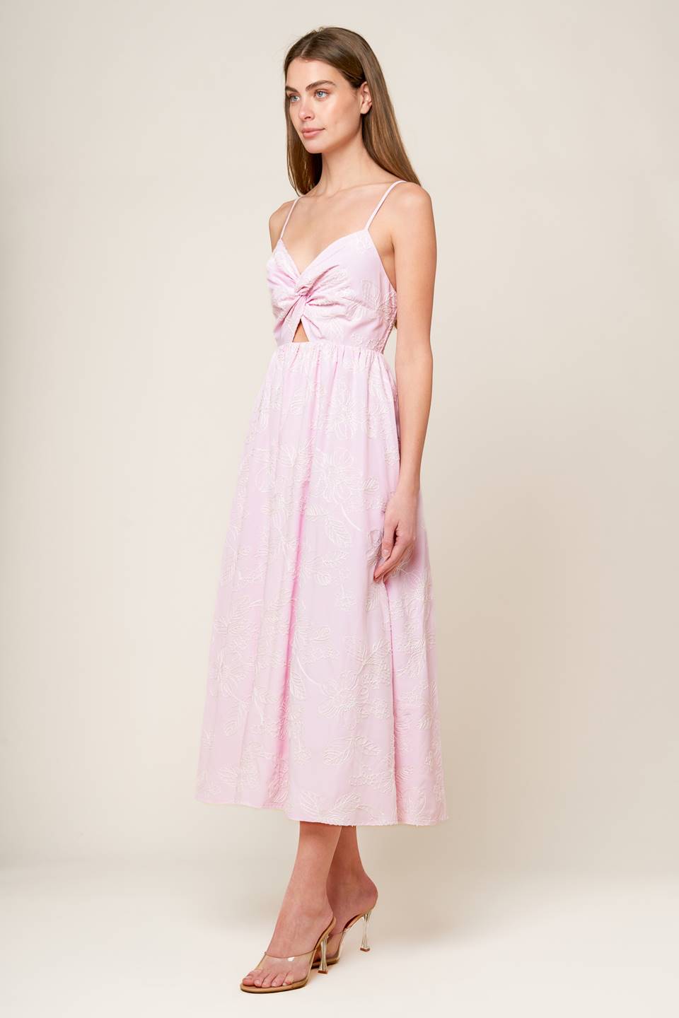 ALONG THE SHORE Pink Twist Front Midi Dress - Flowy Summer Beach Dress for Women, Perfect for Vacations, Dates & Outdoor Parties