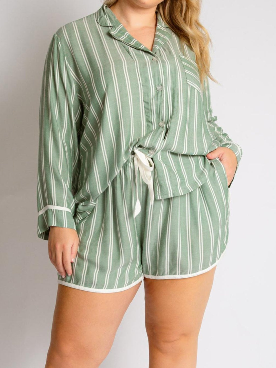 Women's Striped Collared Long Sleeve Top & Shorts Lounge Set - Soft Comfortable Pajama Set for Sleep, Relaxation & Home Wear
