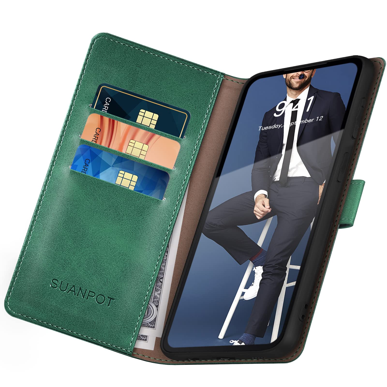 SUANPOT RFID Blocking Leather Wallet Case for Samsung Galaxy S22 - Flip Folio Book Cover with Credit Card Holder, Shockproof Protection for Women & Men (Sea Green) | Perfect for Business, Travel & Everyday Use