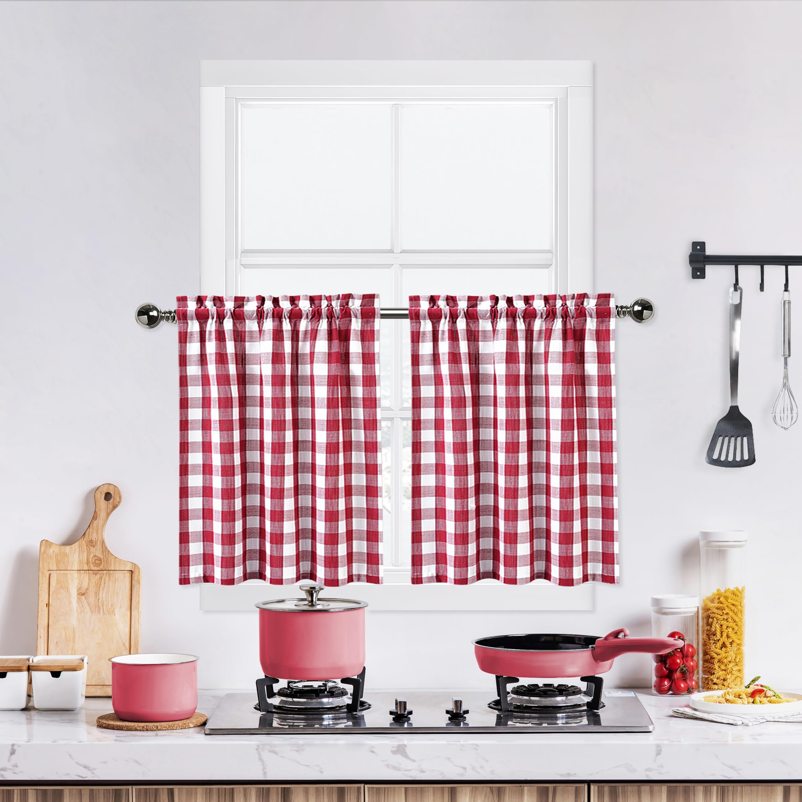 Red and White Buffalo Plaid Kitchen Curtains 36