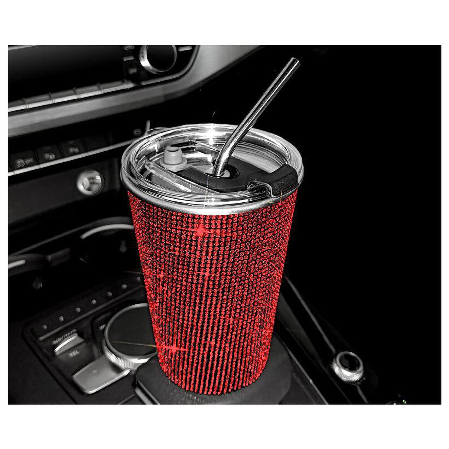 20oz Bling Stainless Steel Vacuum Insulated Tumbler with Rhinestones, Lid & Straw - Hot & Cold Thermal Travel Mug for Coffee, Tea, Water - Perfect for Office, Gym, Hiking & Car Commute - Red