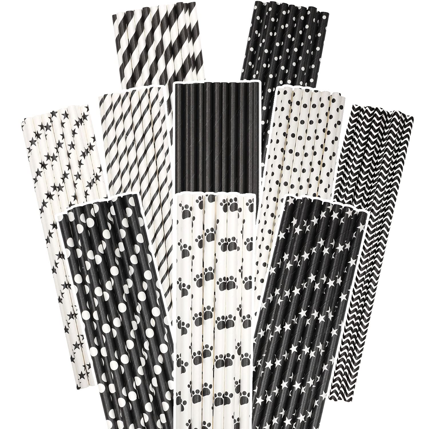 Eco-Friendly Black Paper Drinking Straws - 150pcs Bulk Disposable Straws (10 Stylish Patterns) - Perfect for Parties, Weddings & Eco-Conscious Cafes