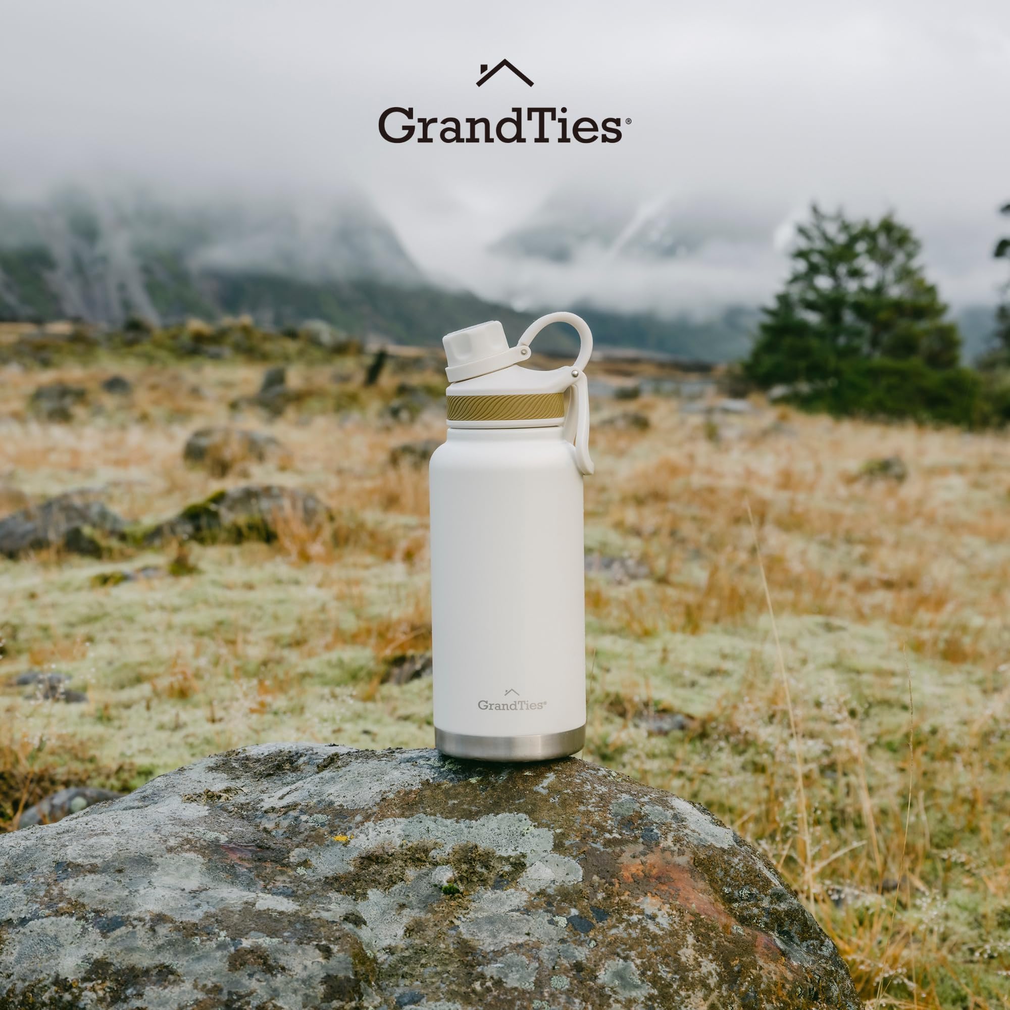 GrandTies 32oz Insulated Water Bottle - Wide Mouth Vacuum Stainless Steel Thermos with 2 Lids (Leakproof & Straw) | Keeps Drinks Cold 24Hrs/Hot 12Hrs | Perfect for Gym, Hiking, Camping & Office | BPA-Free (32oz, Ivory White)