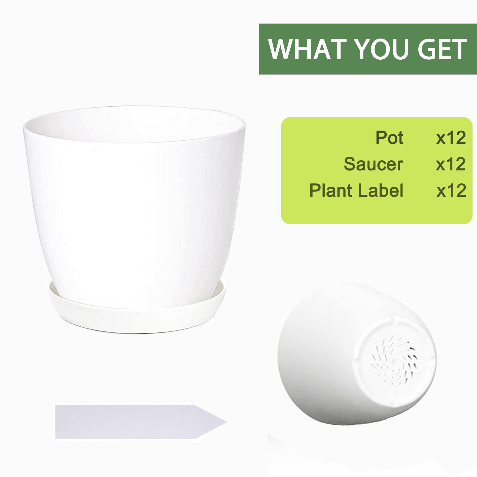 12 Pack 6 Inch White Plastic Plant Pots with Drainage Holes & Saucers - Modern Indoor Outdoor Flower Planters for Home Garden, Office Decor, Balcony & Patio Plants