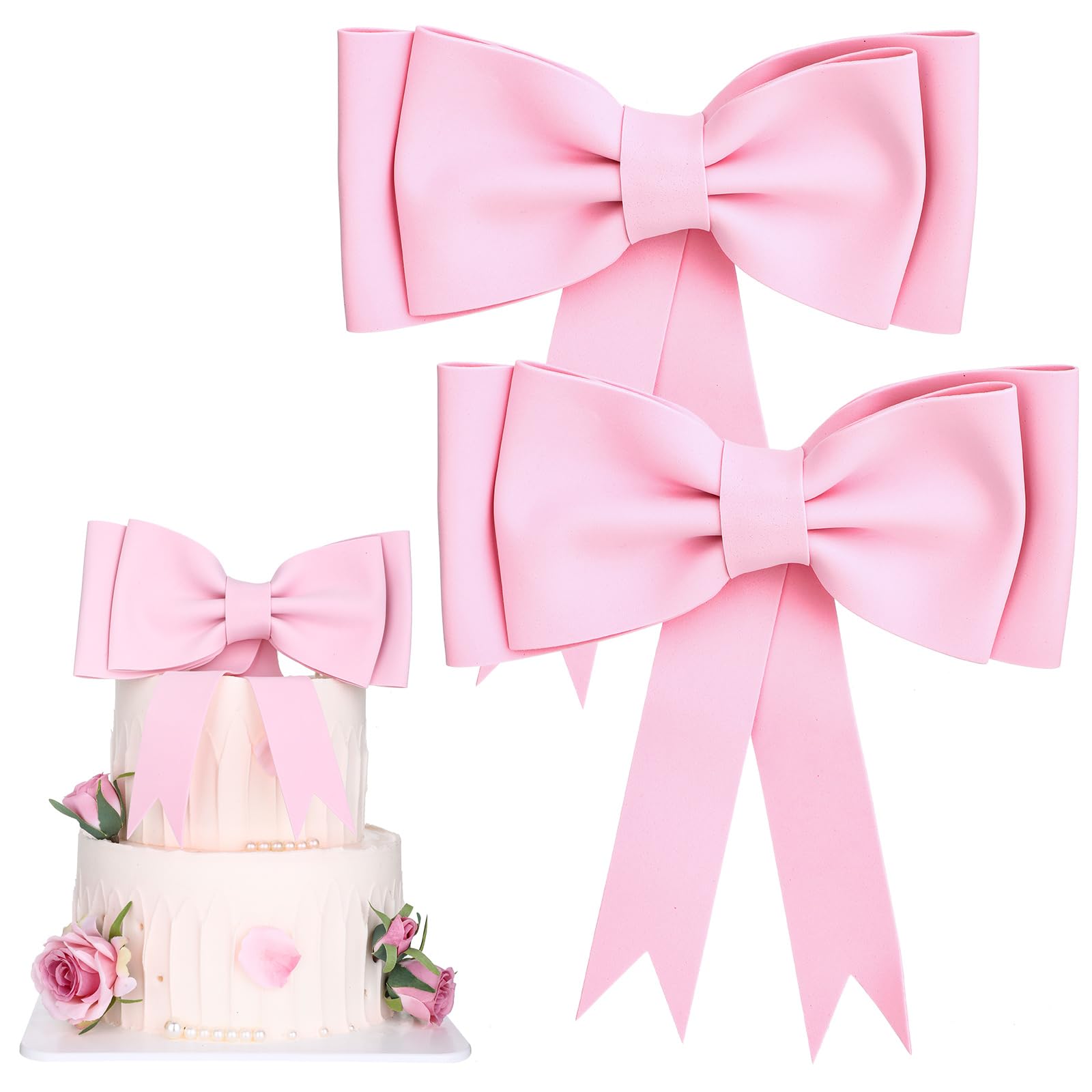 2 Pcs Pink Bow Cake Toppers for Girls Birthday - Oversized EVA Bow Decorations for Princess Themed Cakes - Perfect for Birthday, Wedding & Party Cake Decorations - Ideal for Baby Showers, Bridal Showers and Princess Parties
