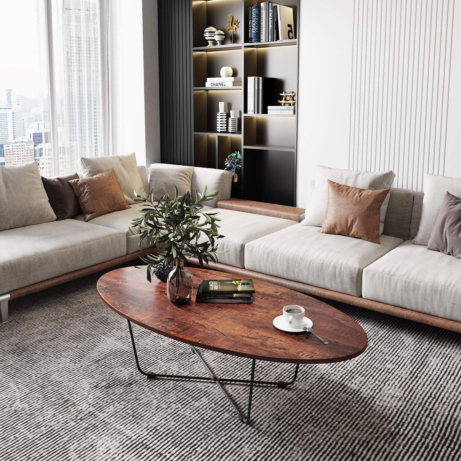 Modern Oval Coffee Table with Wood Top & Metal Legs - Stylish Living Room Furniture for Small Spaces, Home Decor, Family Gatherings - Perfect for Apartments, Condos & Cozy Living Rooms