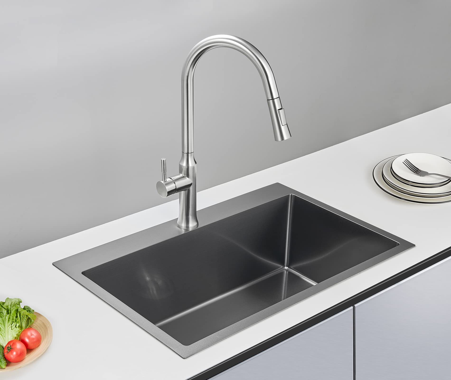 28 Inch Drop-in Black Stainless Steel Kitchen Sink Single Bowl - 9 Inch Deep Top-Mount Handmade Overmount Sink with Basket Strainer - Perfect for Modern Kitchens, Restaurants & RV Remodels