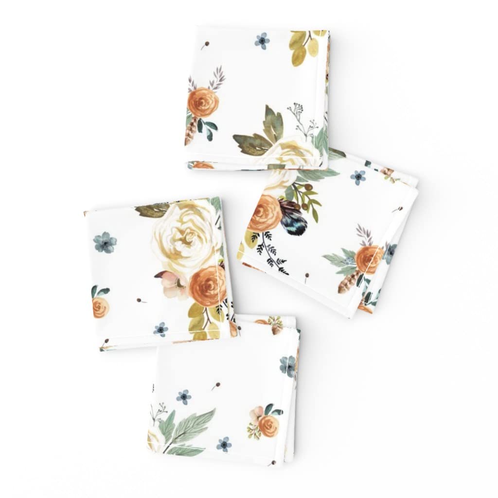 Spoonflower Linen Cotton Canvas Cocktail Napkins Set of 4 - Western Autumn Floral Watercolor Print with White Woodland Flowers & Feathers | Perfect for Wedding, Fall Party, Thanksgiving Dinner & Home Decor