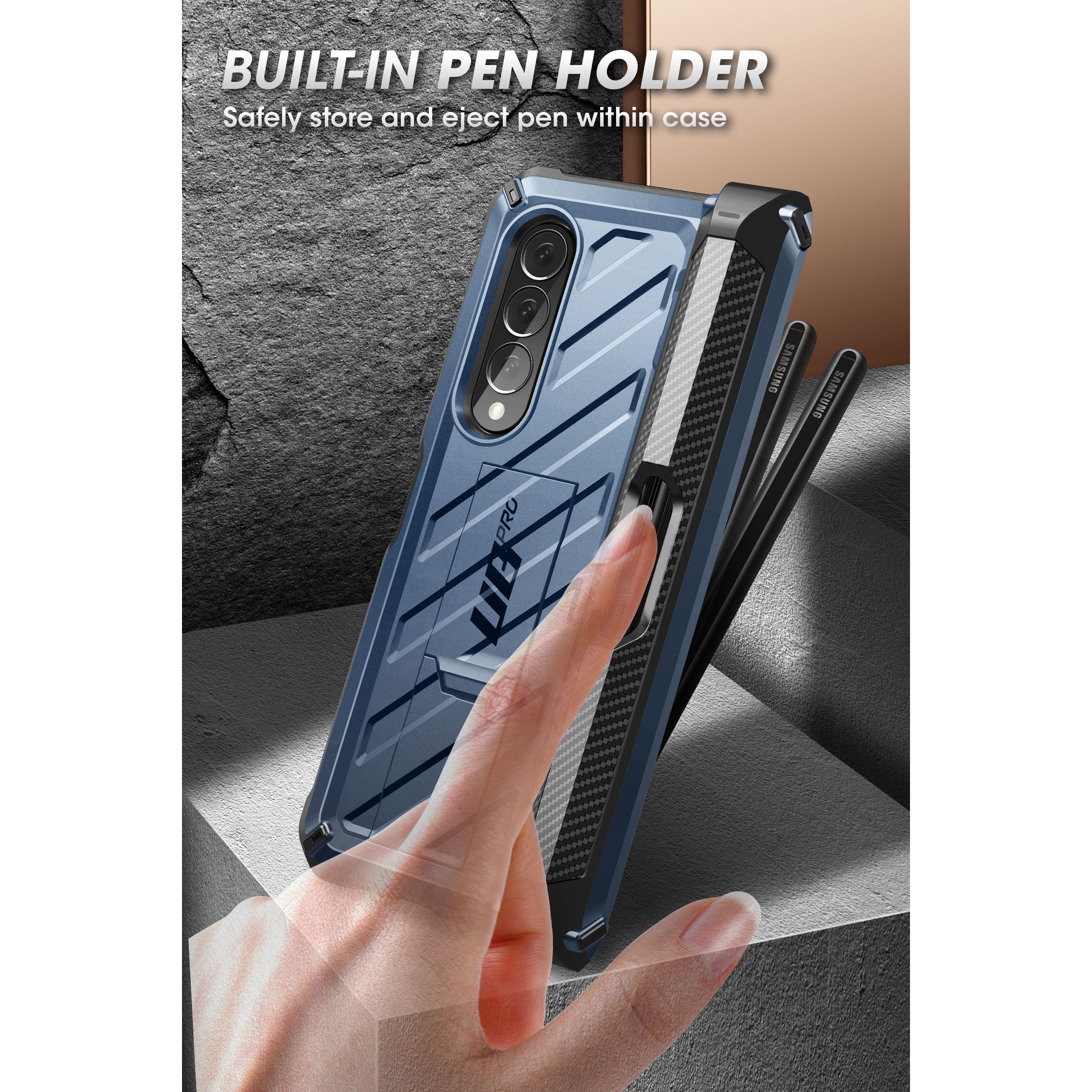 Samsung Galaxy Z Fold 3 Unicorn Beetle Pro Rugged Protective Case with S Pen Holder - Shockproof & Military-Grade Drop Protection - Metallic Blue | Perfect for Outdoor Adventures & Business Travel
