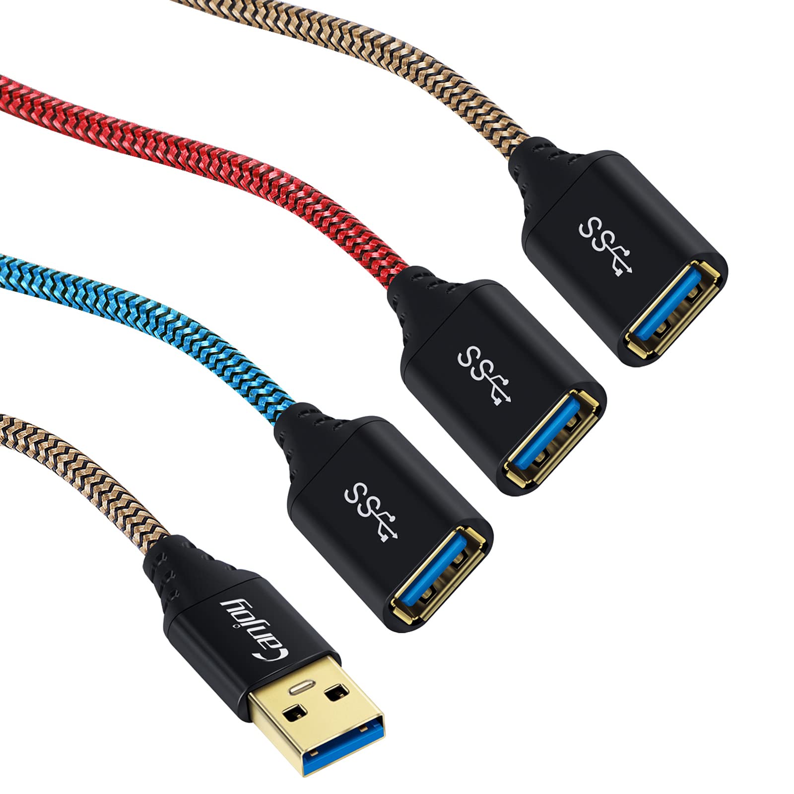 Canjoy 3 Pack USB 3.0 Extension Cable - 6ft High Speed Braided USB A Male to Female Extender Cord (Red, Gold, Blue) for Laptop, PC, Printer, Hard Drive & Gaming Console Accessories