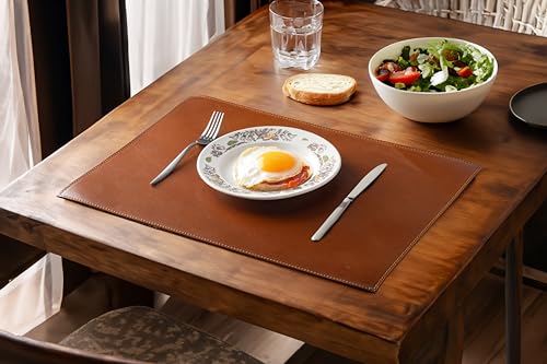 Distressed Genuine Leather Placemats Set of 6 - Handmade Dining Table Mats for Home, Cafe & Restaurant - Light Tobacco Color - Perfect for Rustic Decor, Wedding Gifts & Farmhouse Style Dining