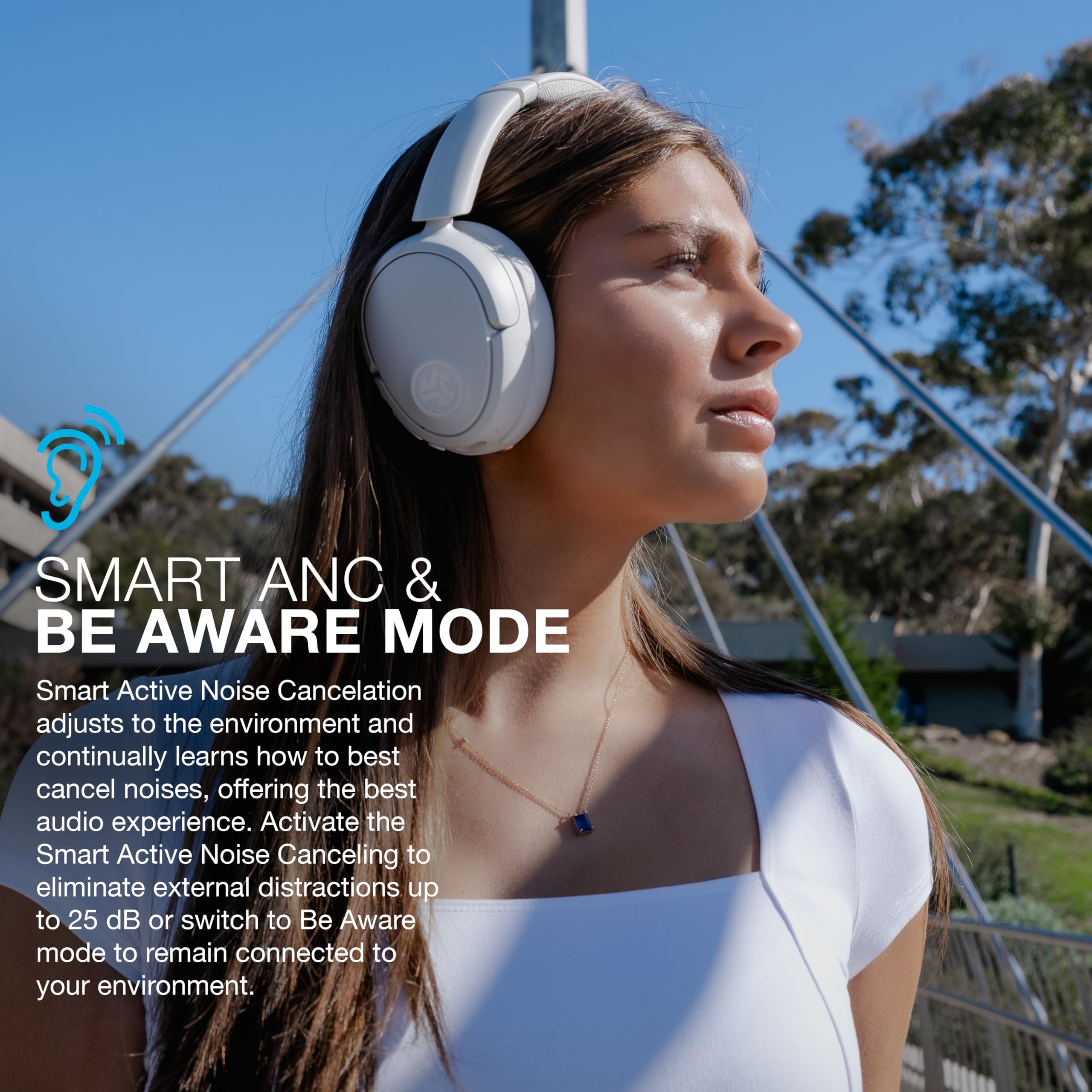 JLab JBuds Lux ANC Wireless Headphones - Hybrid Active Noise Cancelling, Customizable EQ, Spatial Audio, 40H Playtime - Premium Over-Ear Bluetooth Headset for Travel, Work & Gaming (Cloud White)