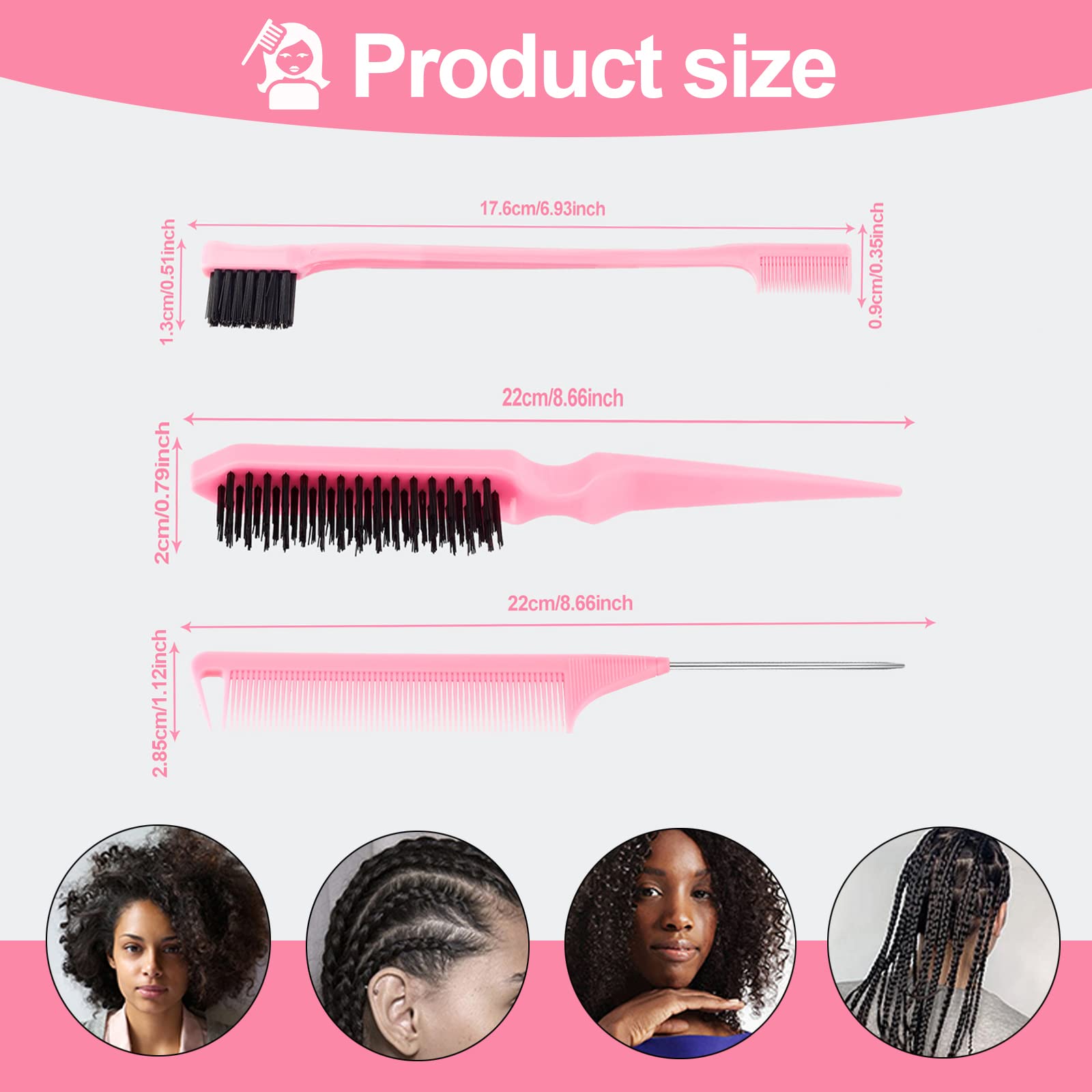 3 Pcs Slick Back Hair Brush Set with Rat Tail Comb, Edge Brush & Bristle Brush - Perfect for Sleek Ponytails, Buns, Edge Control & Smoothing Baby Hair - Pink | Professional Styling Tools for Salon & Home Use