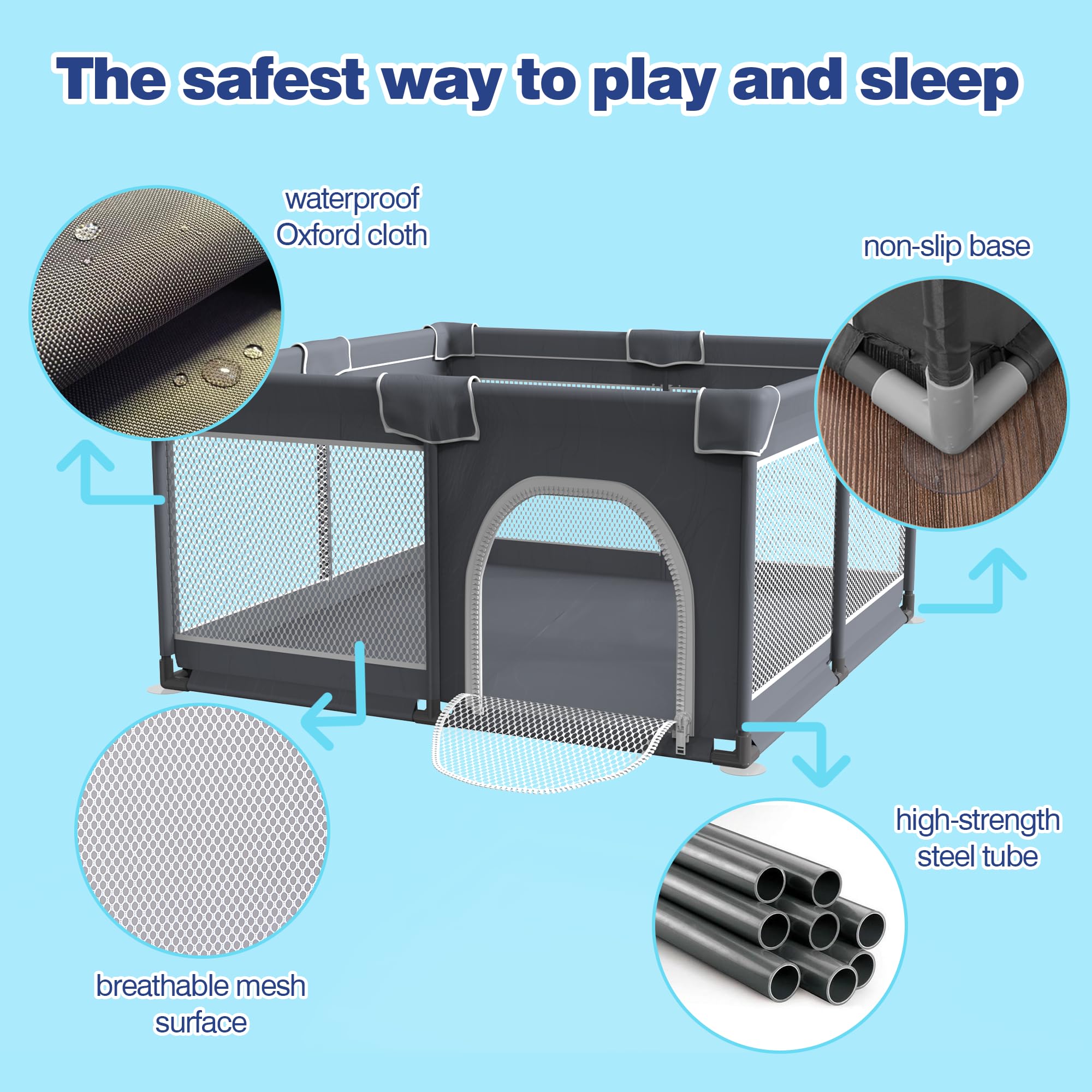**Baby Playpen with Soft Mat - Large Playpen for Babies & Toddlers, Indoor & Outdoor Playard with Breathable Mesh & Sturdy Safety Gate - Perfect for Home, Nursery, Daycare & Travel (Grey)**
