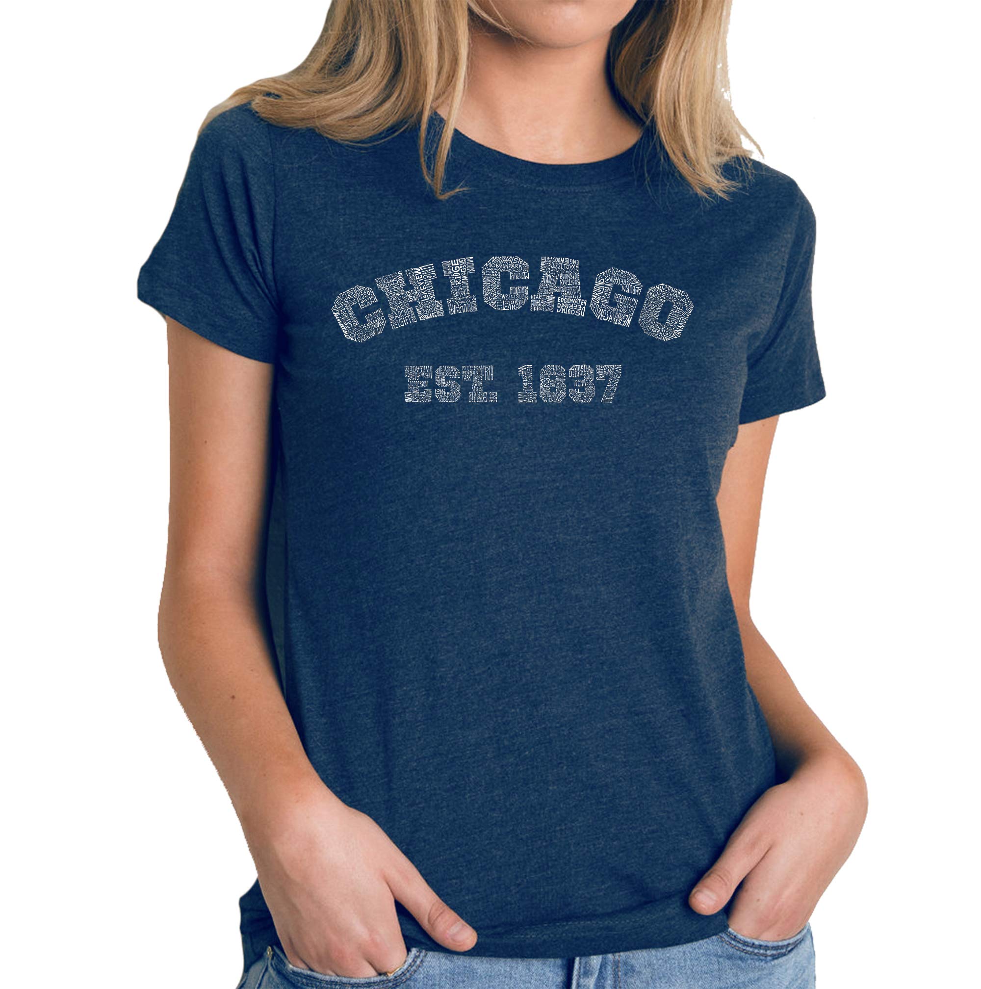 LA POP ART Women's Premium Blend Word Art T-Shirt - Chicago 1837 Vintage Style Graphic Tee | Soft Comfortable Casual Wear for Everyday Outfits & Street Fashion