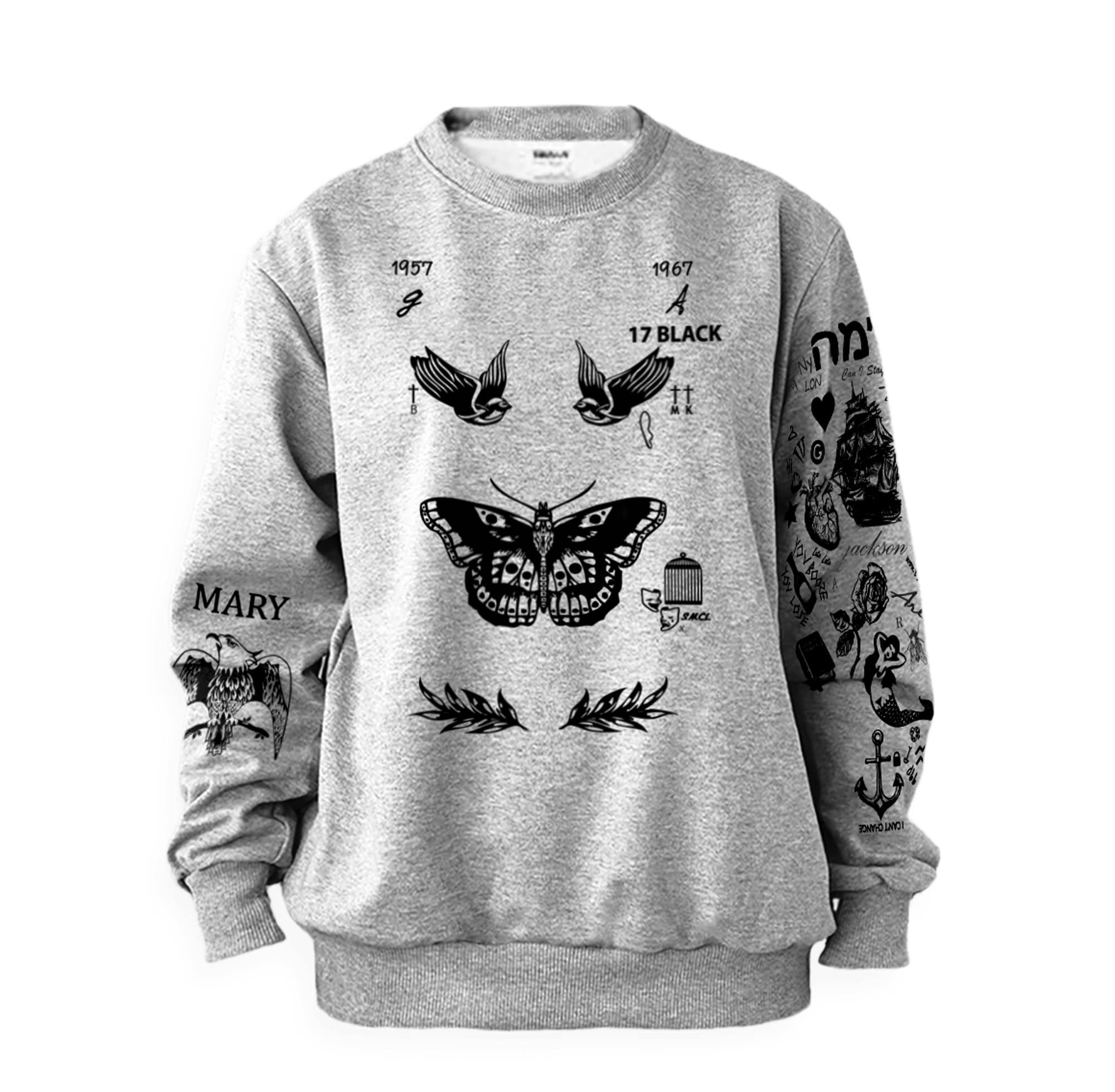 Women's Butterfly Tattoo Print Sweatshirt - Soft Grey Pullover for Casual Wear, Street Style & Layering Outfits