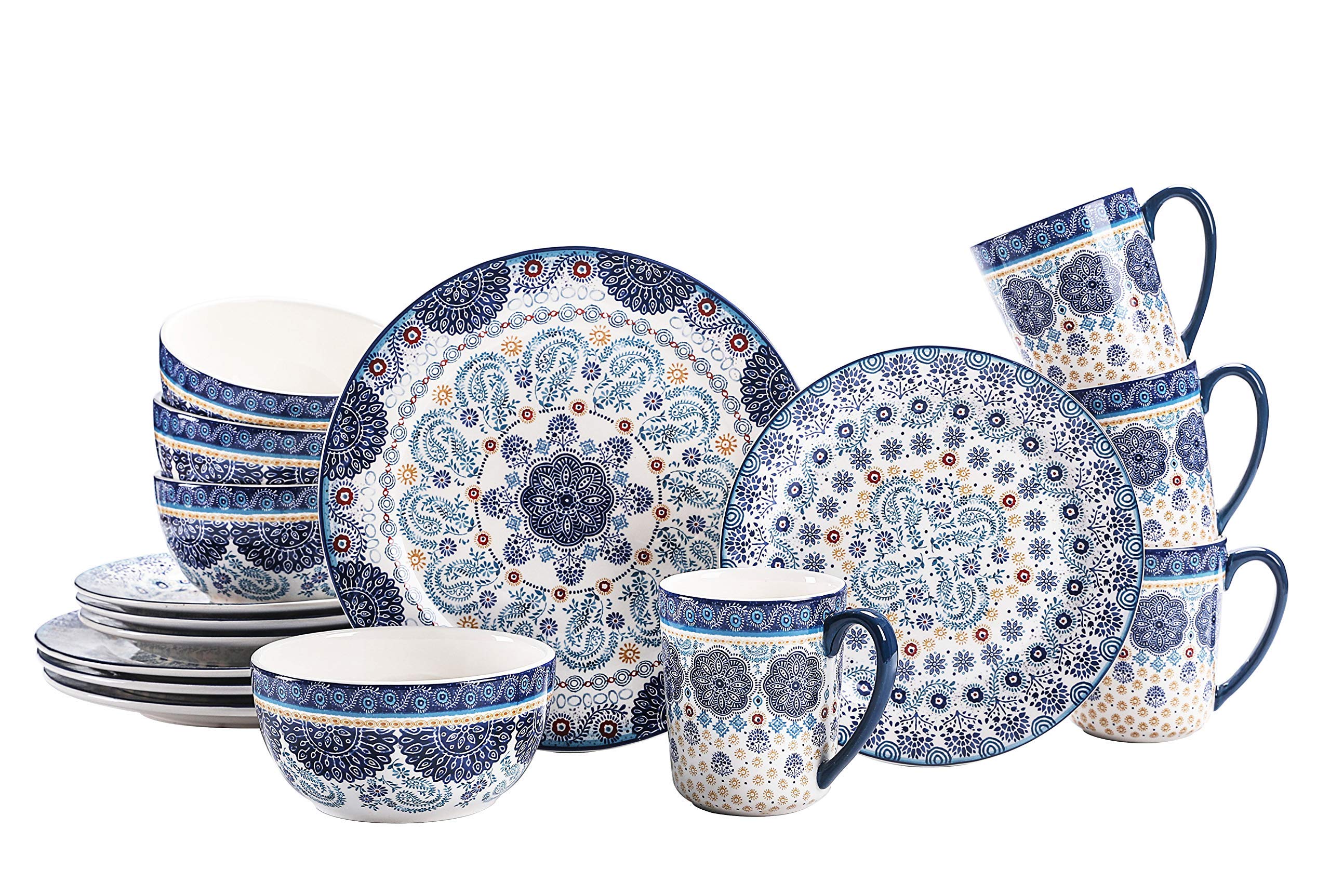 Bico Blue Talavera Ceramic 16-Piece Dinnerware Set, Service for 4 - Includes 11-Inch Dinner Plates, 8.75-Inch Salad Plates, 26oz Bowls & Mugs - Microwave & Dishwasher Safe - Perfect for Parties, Family Dinners & Everyday Use
