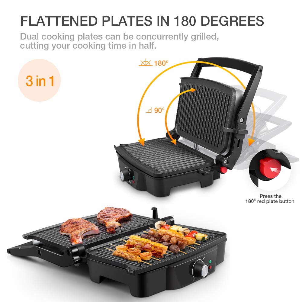 iSiLER 2-Slice Electric Panini Press Grill & Sandwich Maker with Non-Stick Coated Plates, 180° Adjustable for Breakfast, Snacks & Party Food - Perfect for Home, Office & Outdoor Cooking