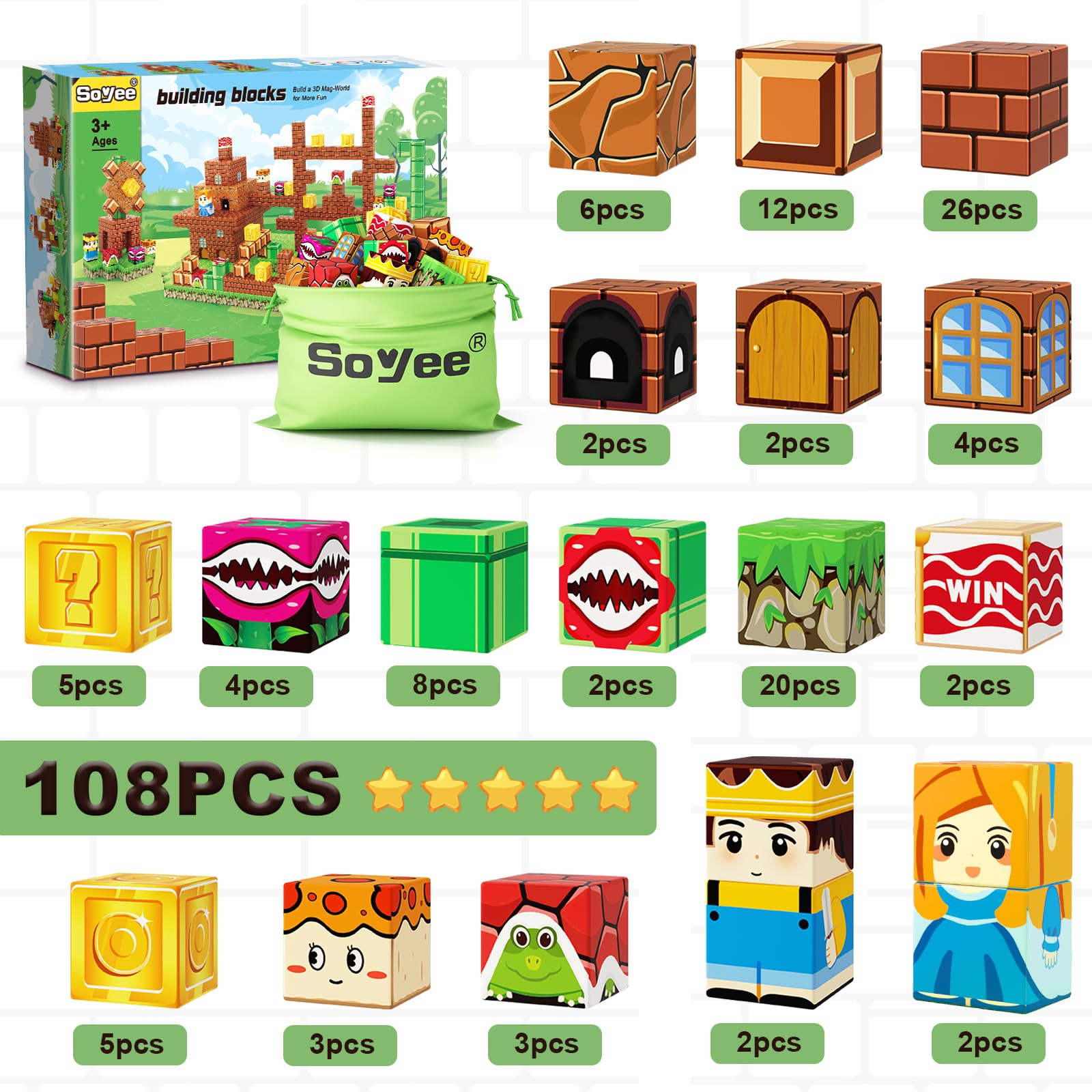 108PCS Magnetic Building Blocks STEM Toys for Kids Ages 3-12 - Educational Construction Set for Boys & Girls with 1