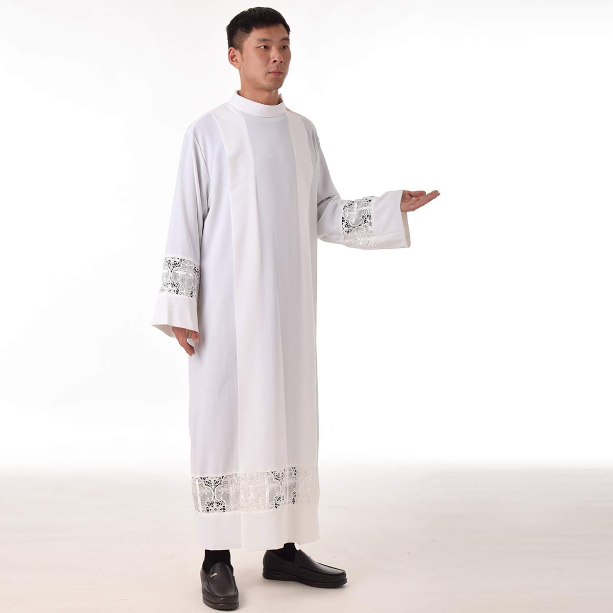 BLESSUME Priest Alb Liturgical Church Garment - White Cross Lace Box Pleated Chasuble for Catholic Mass, Baptism & Communion Ceremonies