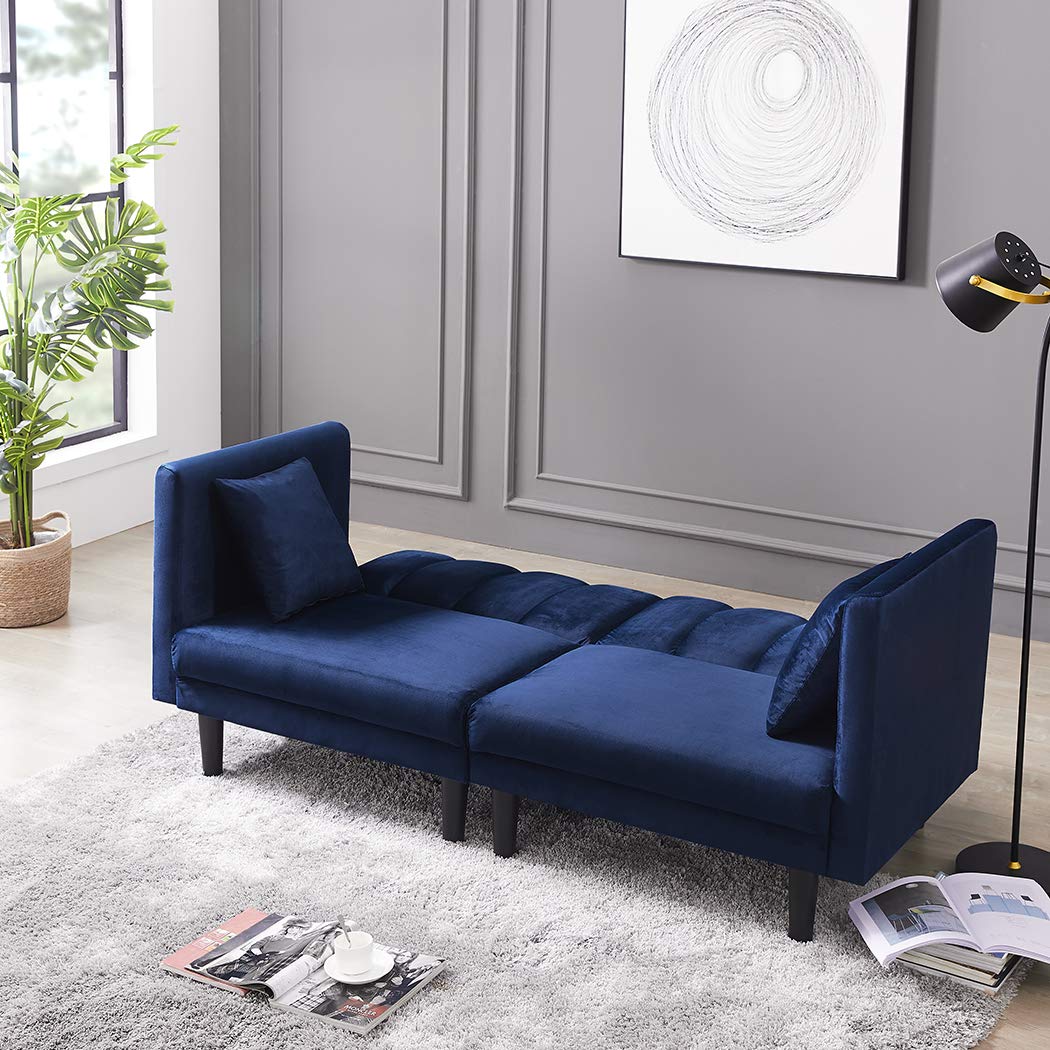 SLEERWAY Velvet Futon Sofa Bed - Modern Convertible Sleeper Sofa with 3 Adjustable Angles & 2 Pillows - Navy Blue Small Loveseat for Living Room, Guest Room & Small Spaces
