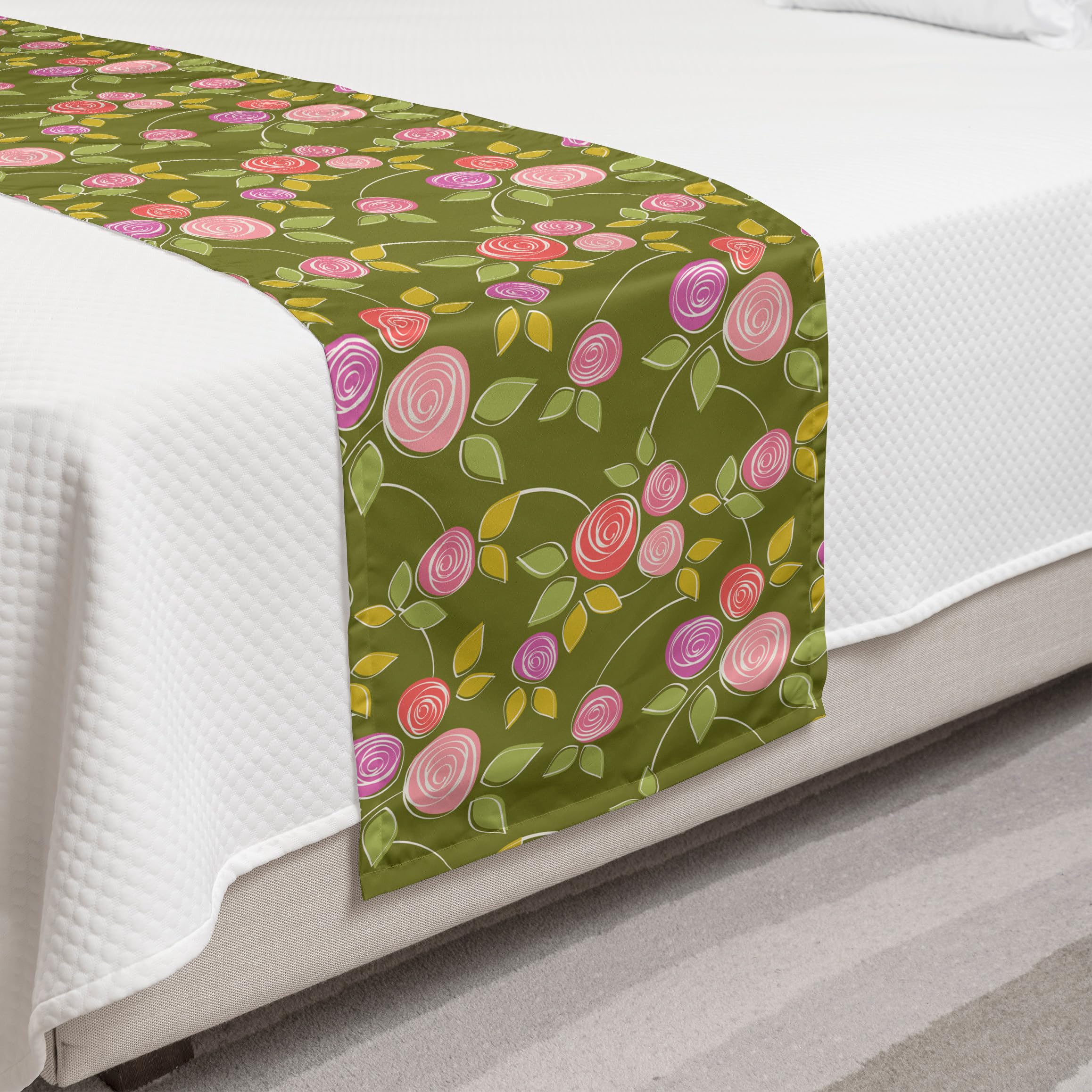 Ambesonne Rose Bed Runner - Simplistic Sketch Rose Buds Spiral Petals with Curvy Stems Continuous Design - Decorative Accent Bed Scarf for Hotels, Homes & Guest Rooms - Multicolor Floral Bedding - Perfect for Master Bedroom, Guest Room Decor & Hotel Styling