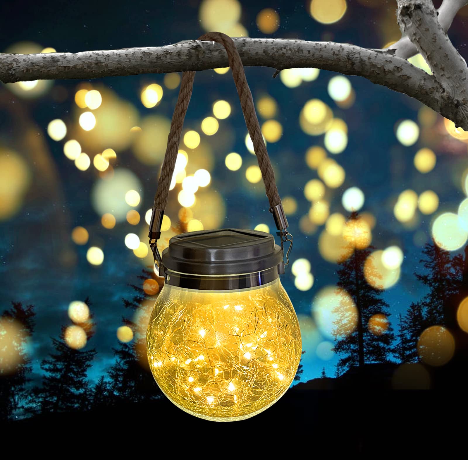 30LED Solar Hanging Cracked Glass Ball Lights - Waterproof Outdoor Landscape Lighting for Garden, Patio, Fence & Holiday Decor (Warm White) | Solar Powered with Handle for Easy Hanging on Trees & Yards