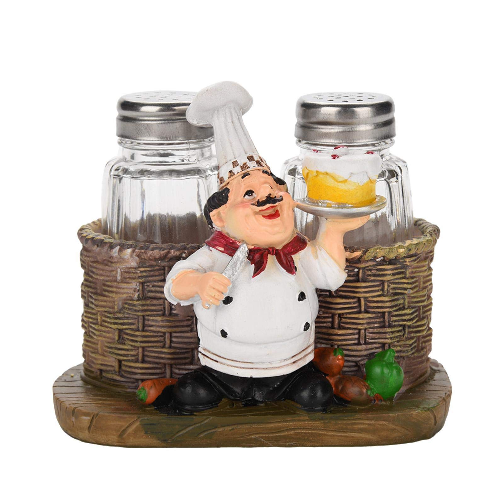 Chef Statue Salt and Pepper Shaker Holder - Resin Kitchen Decor for Home & Restaurant - Perfect for Dining Room, Kitchen Countertop, and Gift Giving (14.5 x 13.5 x 11cm)