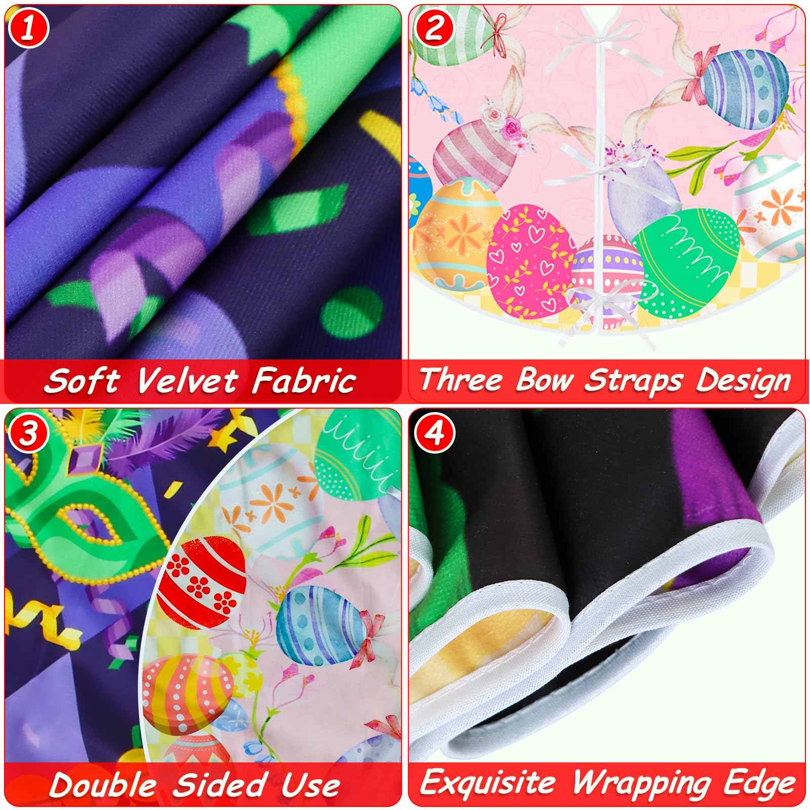 36 Inch Double Sided Easter Tree Skirt - Mardi Gras & Christmas Holiday Decor with Masquerade Mask, Feathers, Bunny & Egg Patterns | Perfect for Easter, Christmas & Party Decorations
