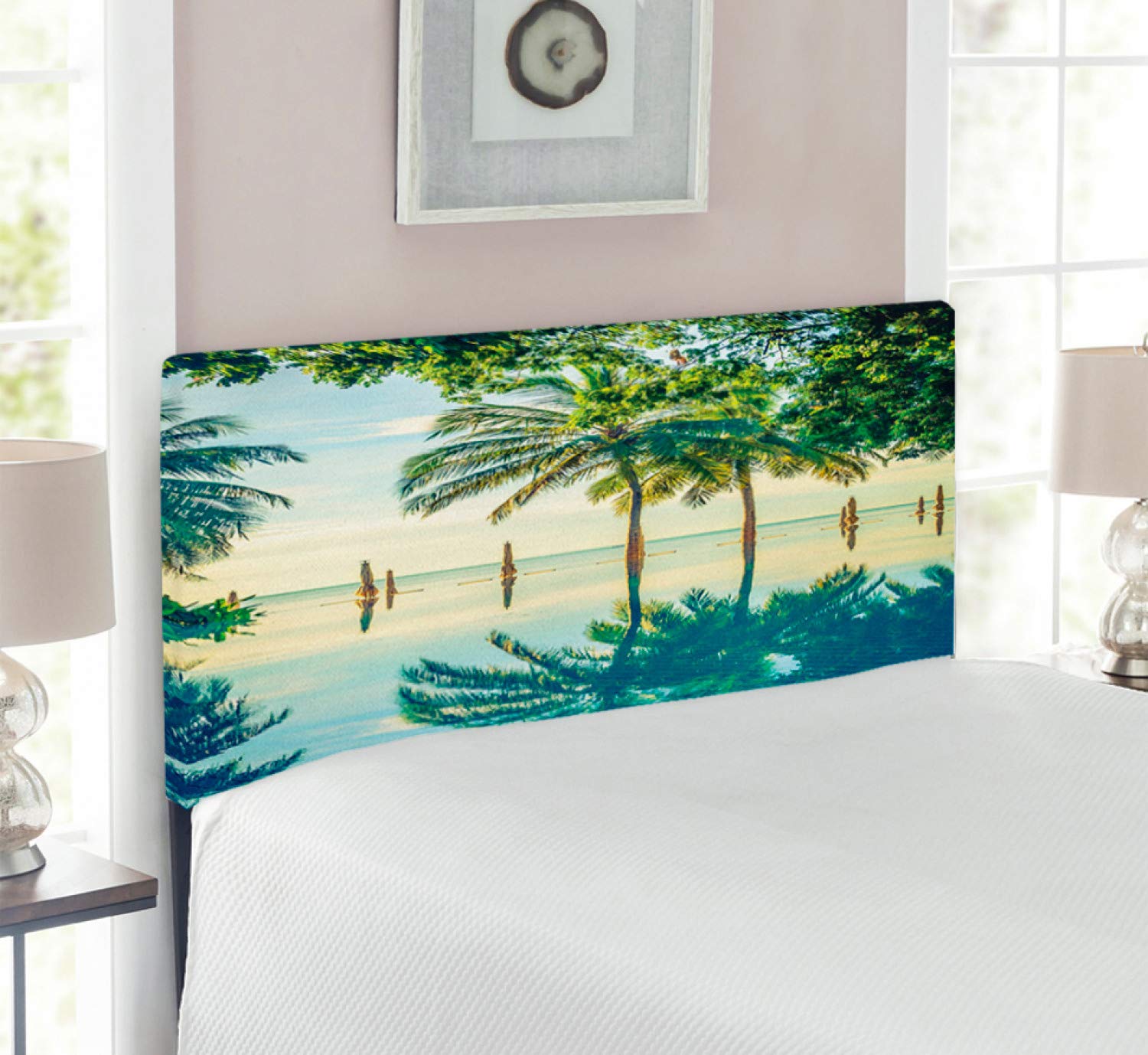 Ambesonne Landscape Upholstered Headboard - Pool Trees Design with Memory Foam, Twin Size Bed Headboard in Green & Blue | Earth Theme Bedroom Decor for Modern & Coastal Style Homes