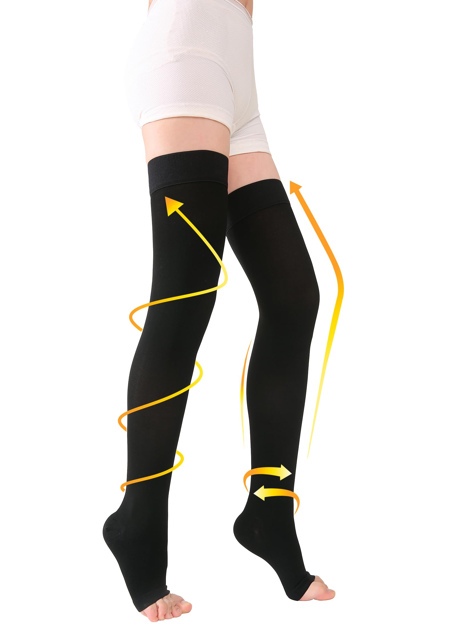 TOFLY® 20-30 mmHg Thigh High Compression Stockings for Women & Men - Open Toe Opaque Medical Grade Graduated Compression Socks - Varicose Veins, Edema, DVT Relief - Perfect for Travel, Work & Daily Wear - Black XXL