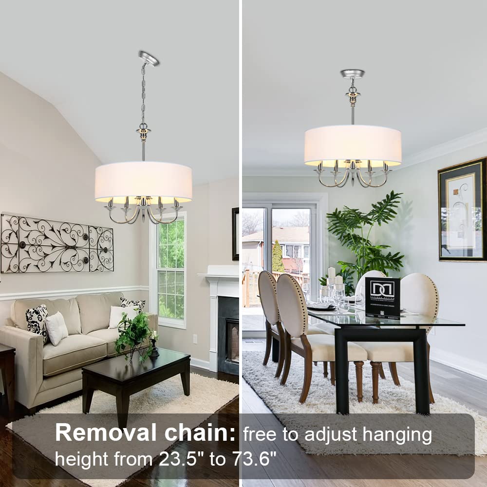Modern 5-Light Chrome Drum Chandelier with Linen Shade - 20
