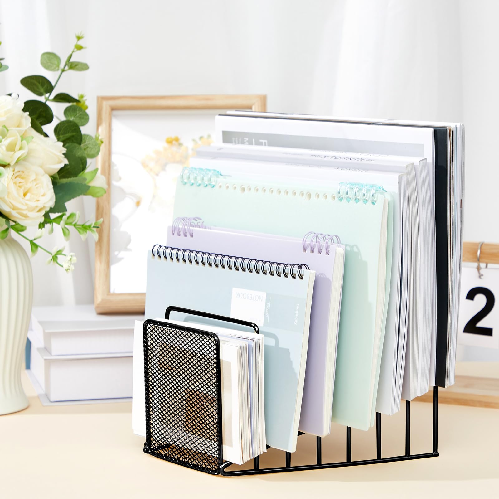 2-Pack Black Metal Wire Mesh File Sorter - 7 Slot Incline Desktop Organizer for Letters, Magazines, Books & Mail - Perfect for Home Office, School & Workspace Storage Solutions