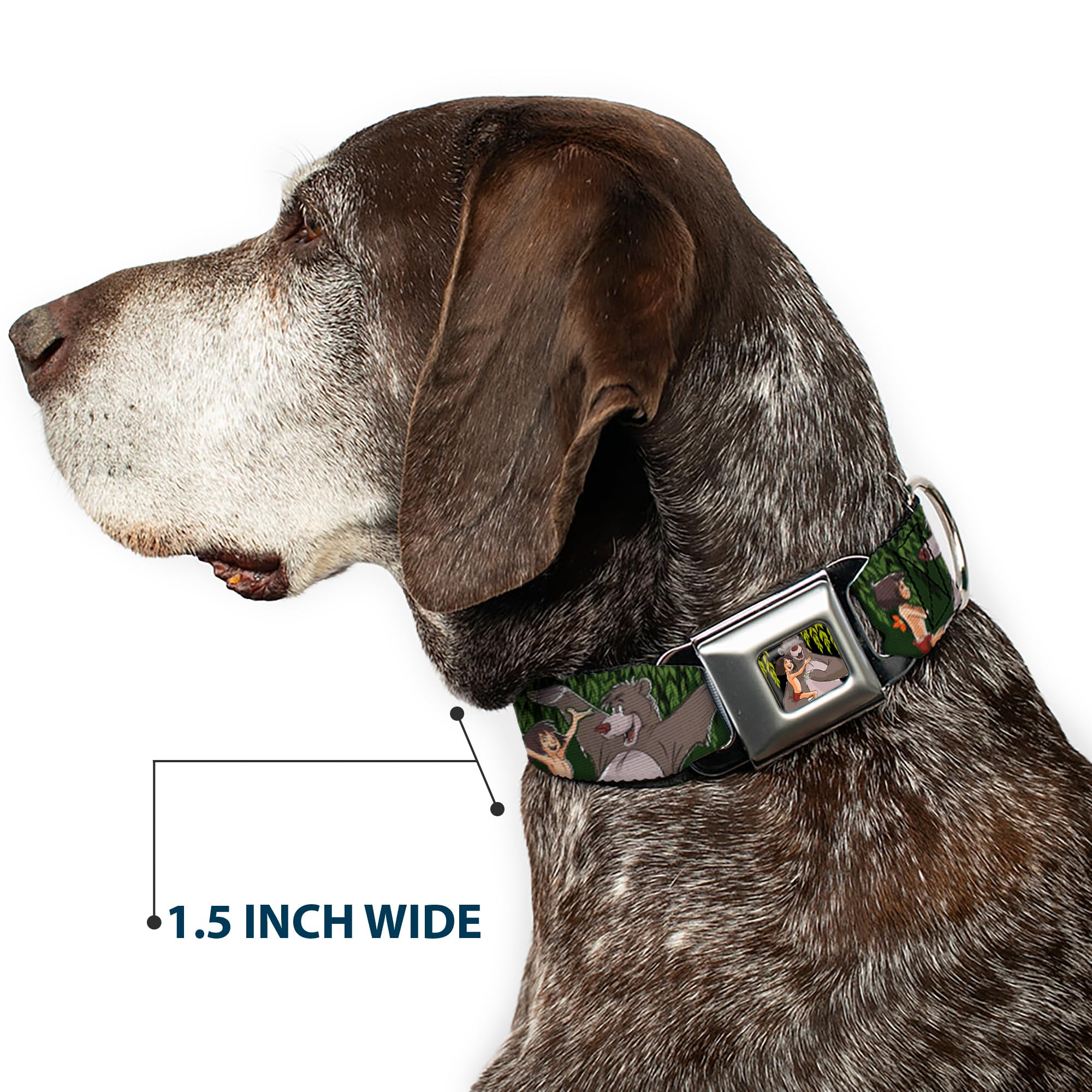 Dog Collar with Seatbelt Buckle - Mowgli & Baloo 3 Poses, Leaf & Flower Design, 1.0 Inch Wide (11-17 Inches) - Perfect for Car Safety & Outdoor Adventures with Your Pet