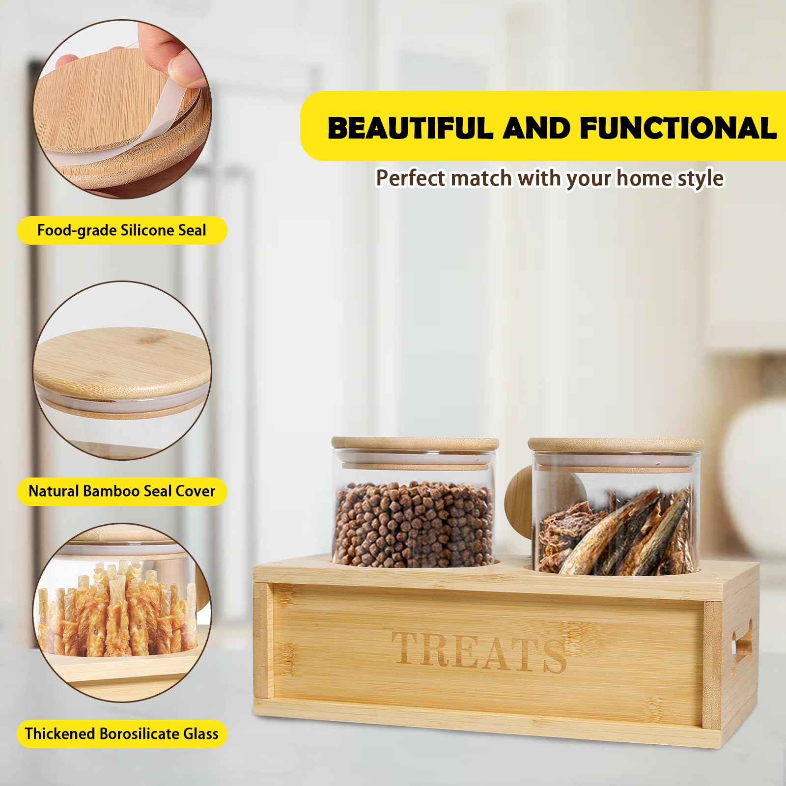 2-Pack 37oz Airtight Pet Treat Storage Containers with Wooden Holder - Dog & Cat Food Jars with Scoop - Perfect for Kitchen Counter, Pantry Organization, and Fresh Treat Preservation