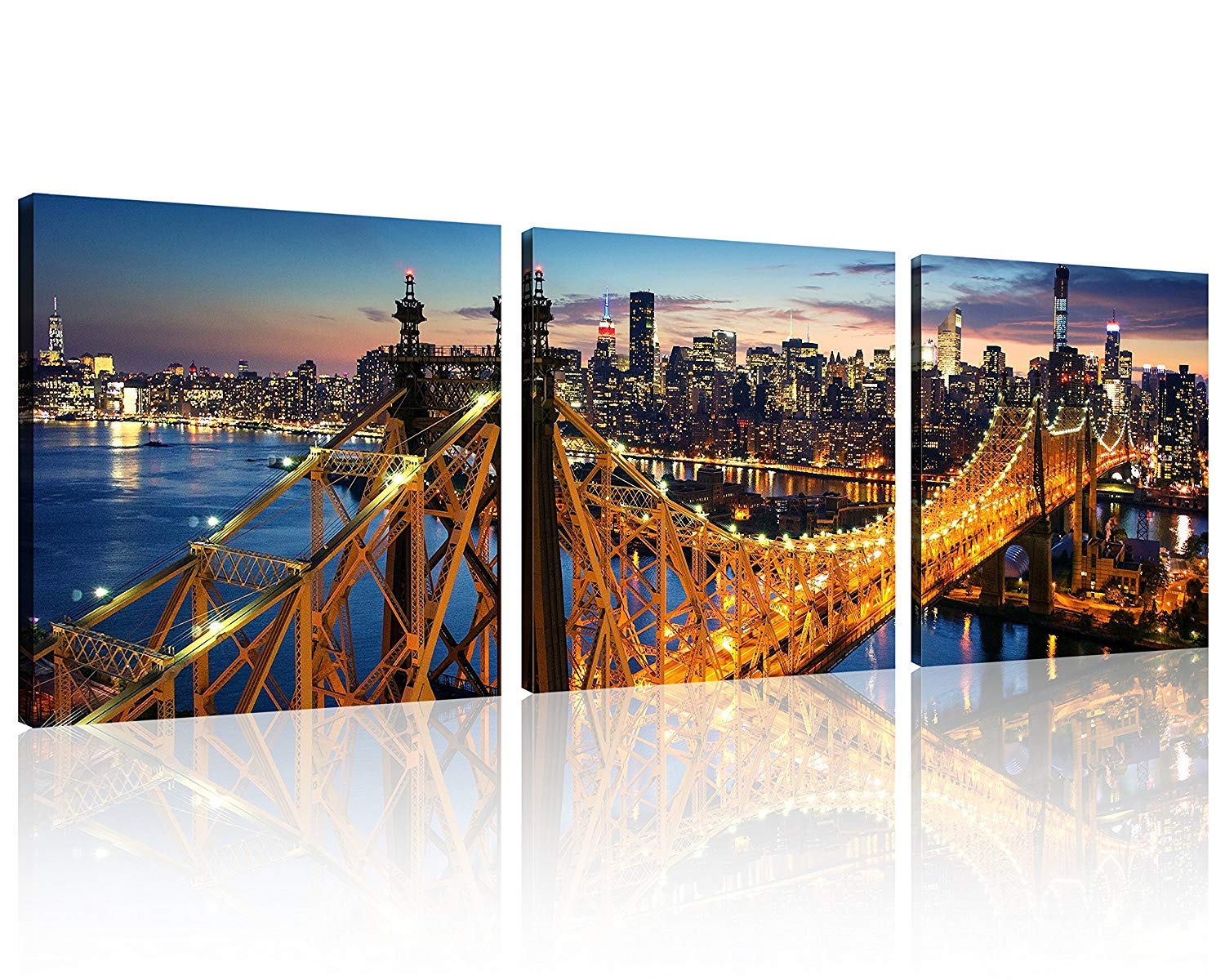TutuBeer 3-Panel New York Skyline Wall Art - NYC Canvas Painting with Manhattan Sunset & Bridge Night View - Stretched & Framed Cityscape Decor for Living Room, Bedroom, or Office