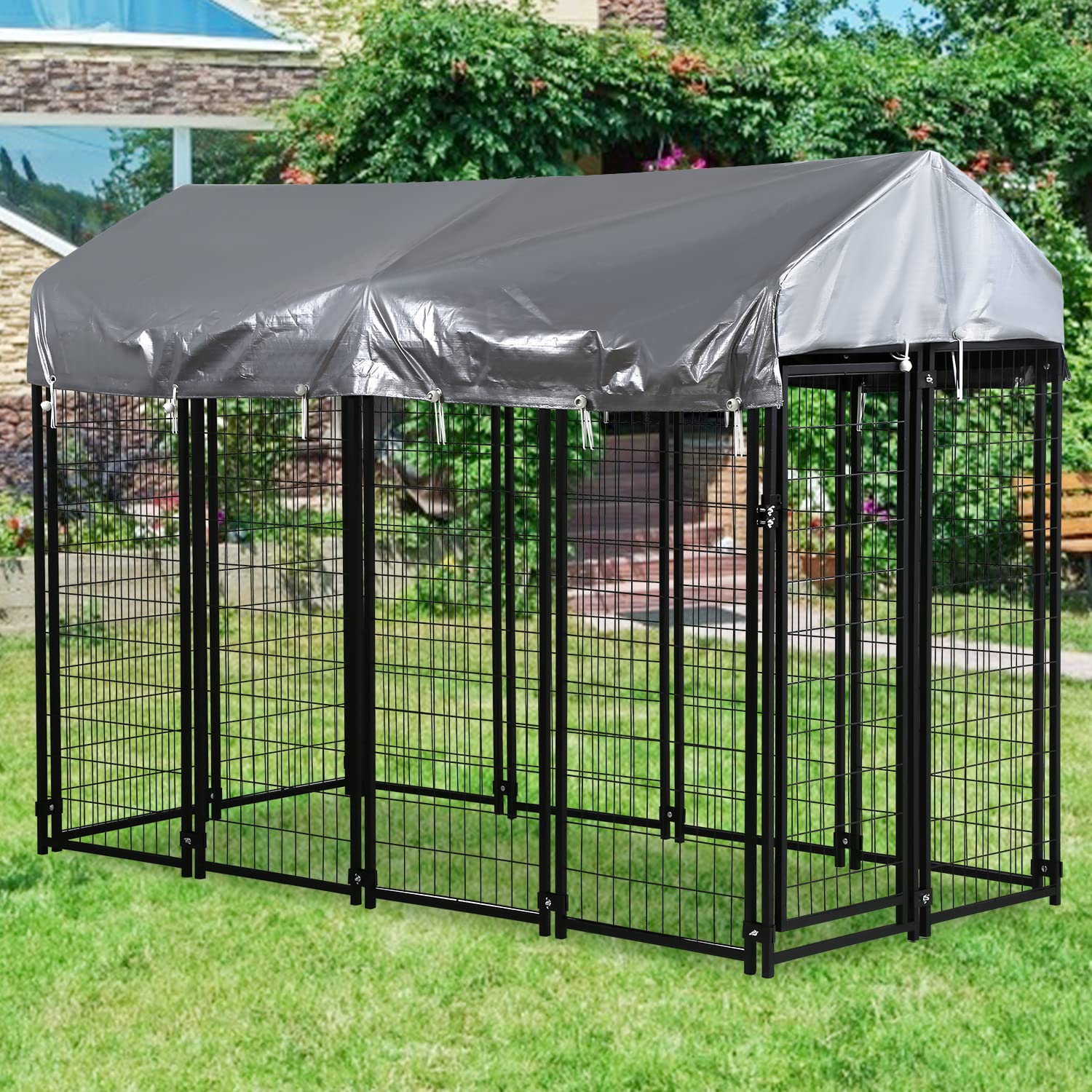 Heavy Duty Large Dog Crate Kennel - 7.5' x 3.75' x 5.8' Outdoor Metal Pet Cage with UV Protection Waterproof Roof & Secure Lock - Perfect for Backyard, Travel, and Training | Durable Wire Fence Playpen for Dogs