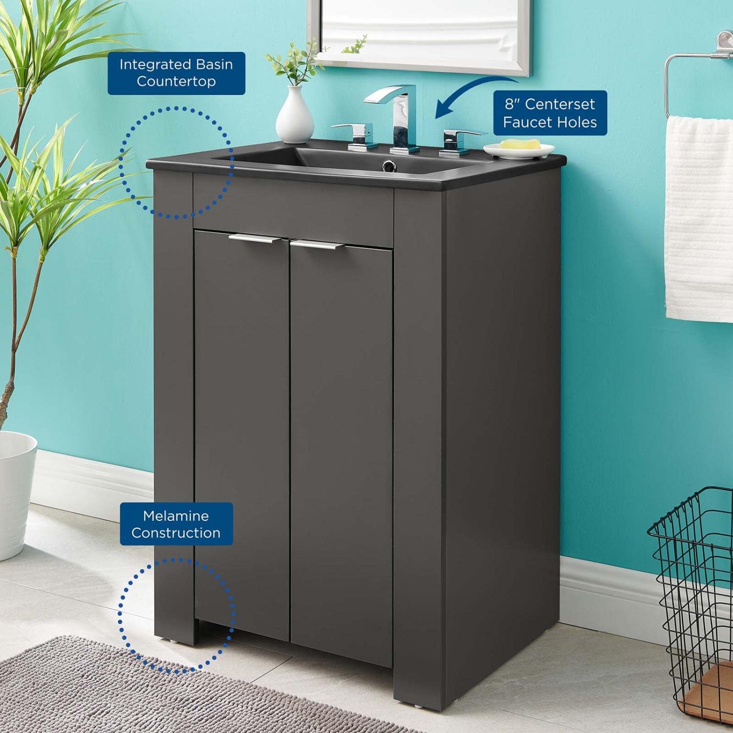 Modway Maybelle 24-Inch Bathroom Vanity with Sink in Gray Black - Modern Space-Saving Design for Small Bathrooms & Powder Rooms